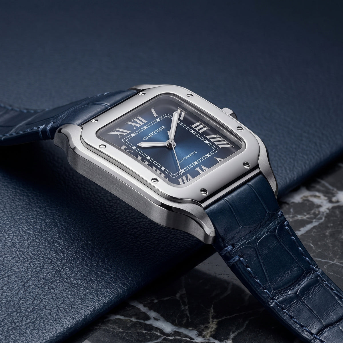 Leder Armband für Cartier Santos Medium/Large – Blau – Quick Switch/Release