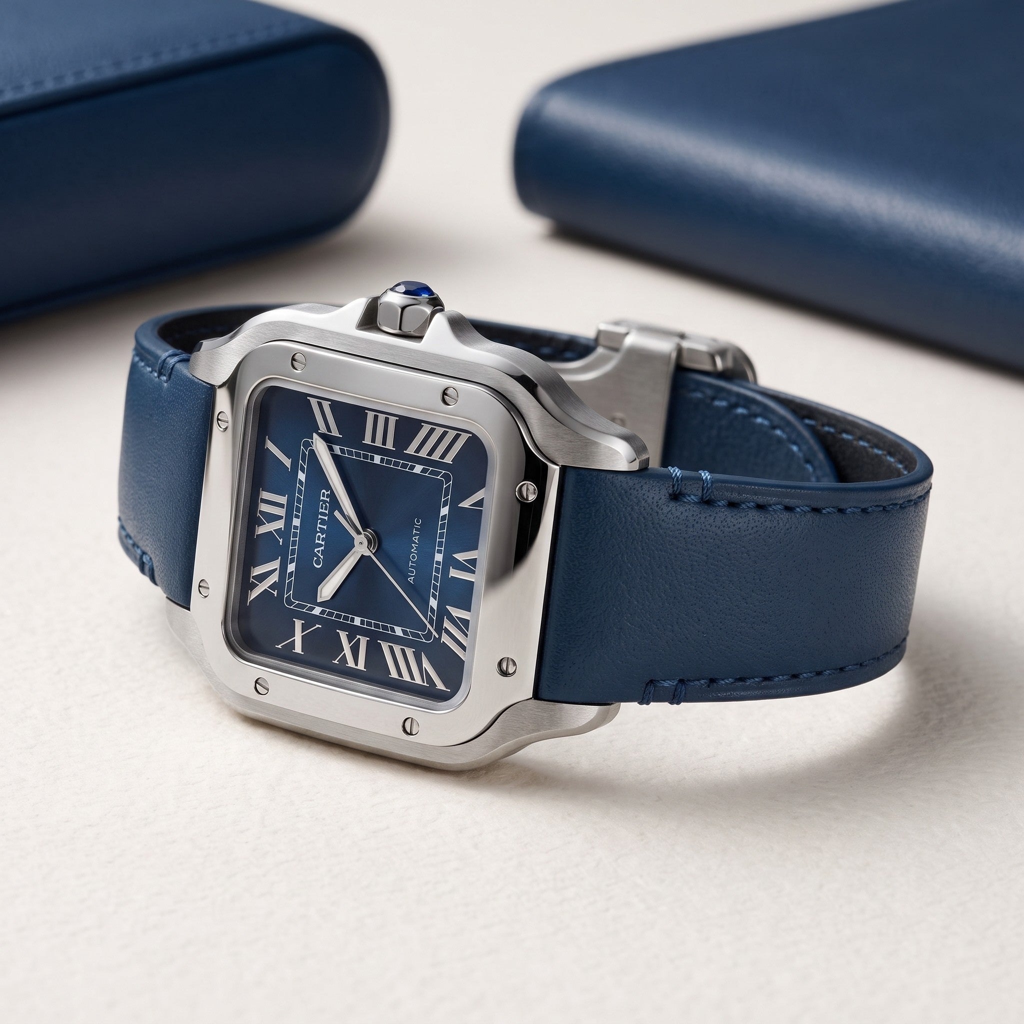 Leder Armband für Cartier Santos Medium/Large – Flach Blau – Quick Switch/Release