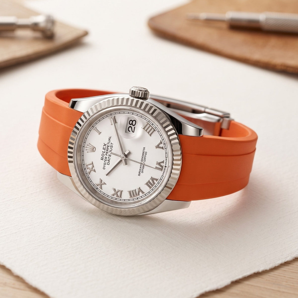 Faltschließe Kautschukarmband für Rolex Datejust 36 – Orange - Helvetus