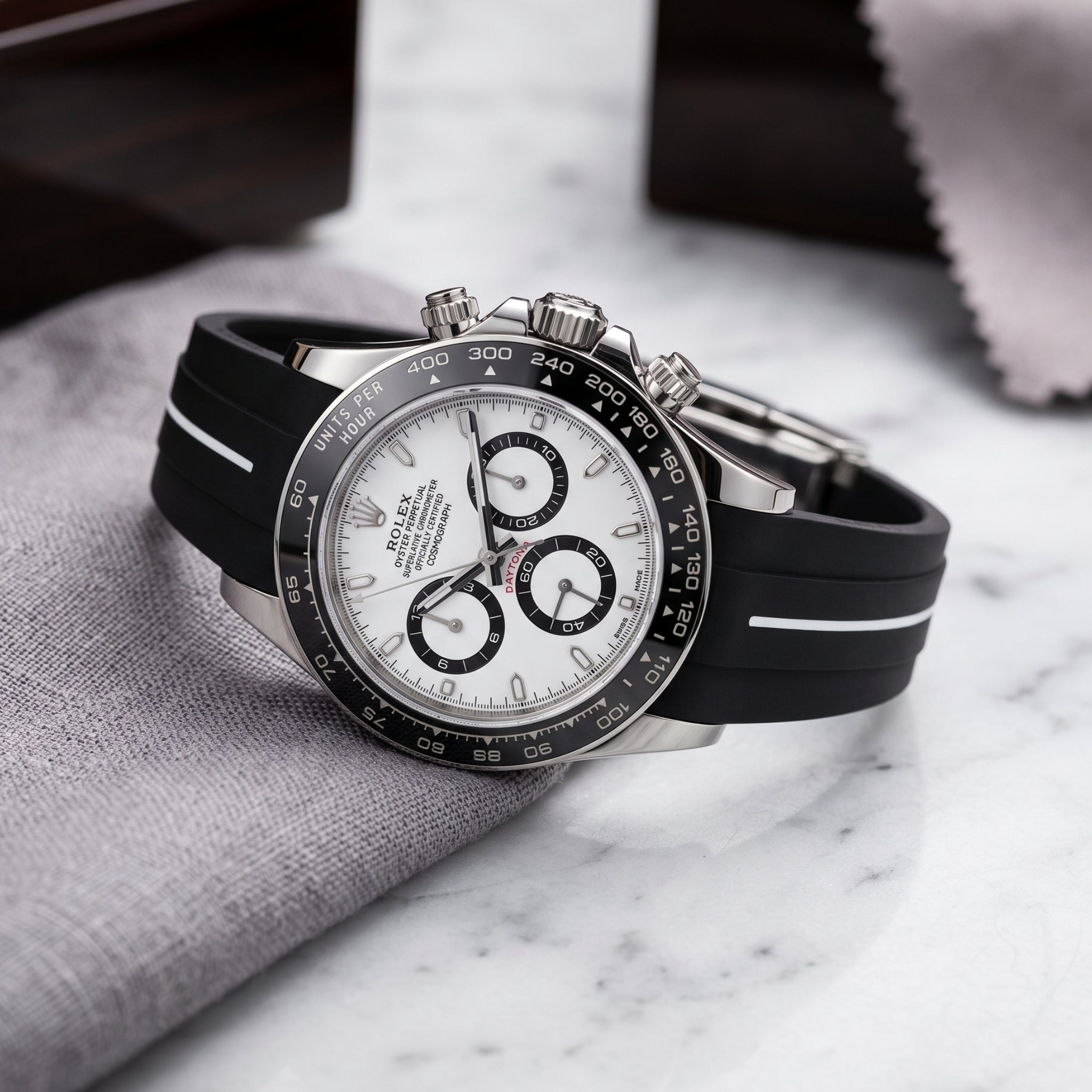 Faltschliesse Kautschukarmband für Rolex Daytona – LuxLine® - Schwarz/Weiss - Helvetus