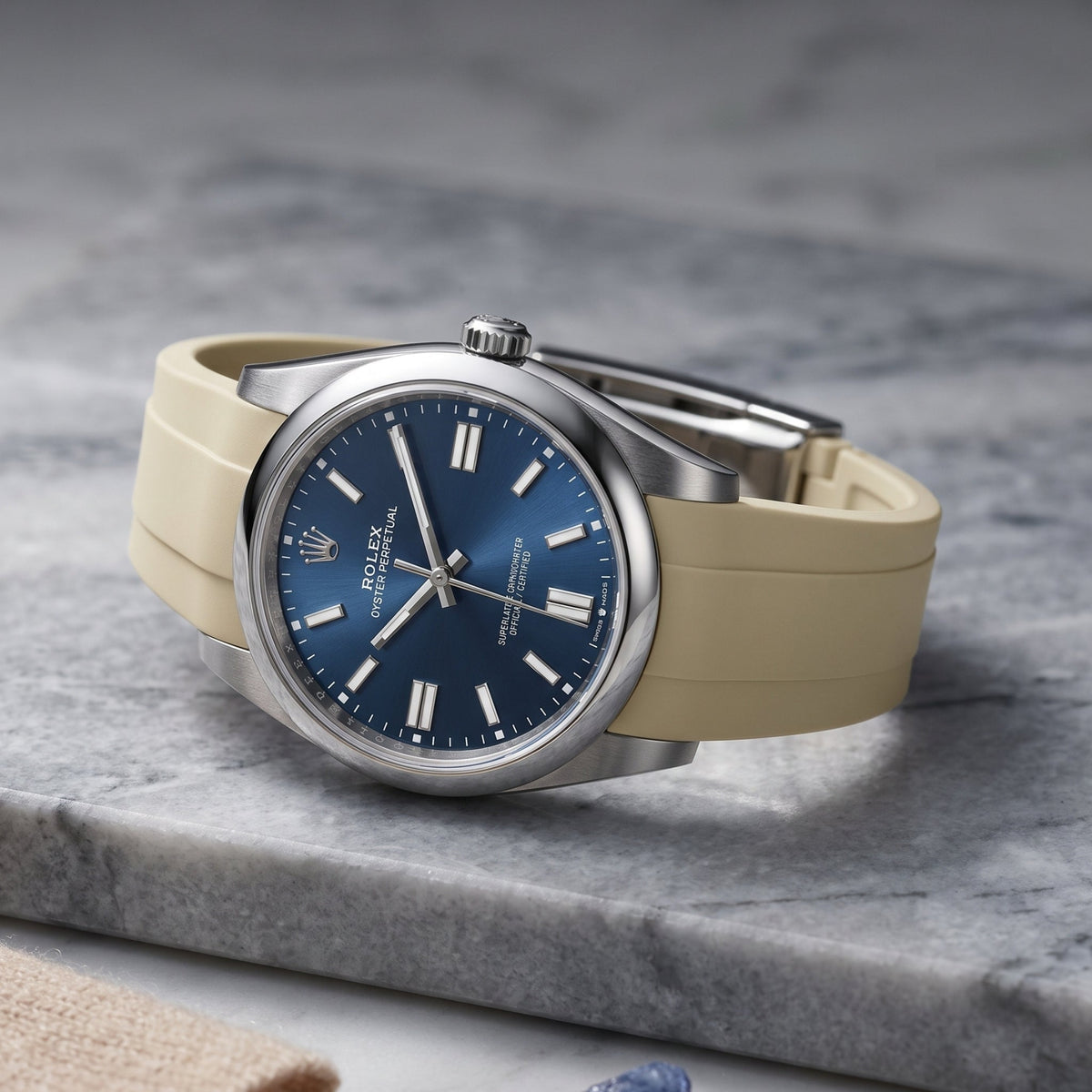 Faltschliesse Kautschukarmband für Rolex Oyster Perpetual 41mm – Beige - Helvetus