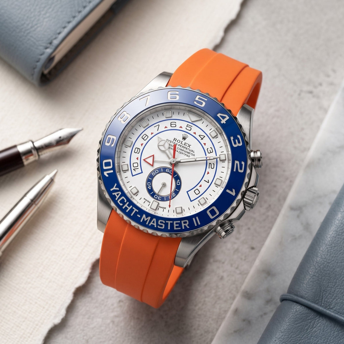 Faltschließe Kautschukarmband für Rolex Yacht-Master II 44mm - Orange - Helvetus
