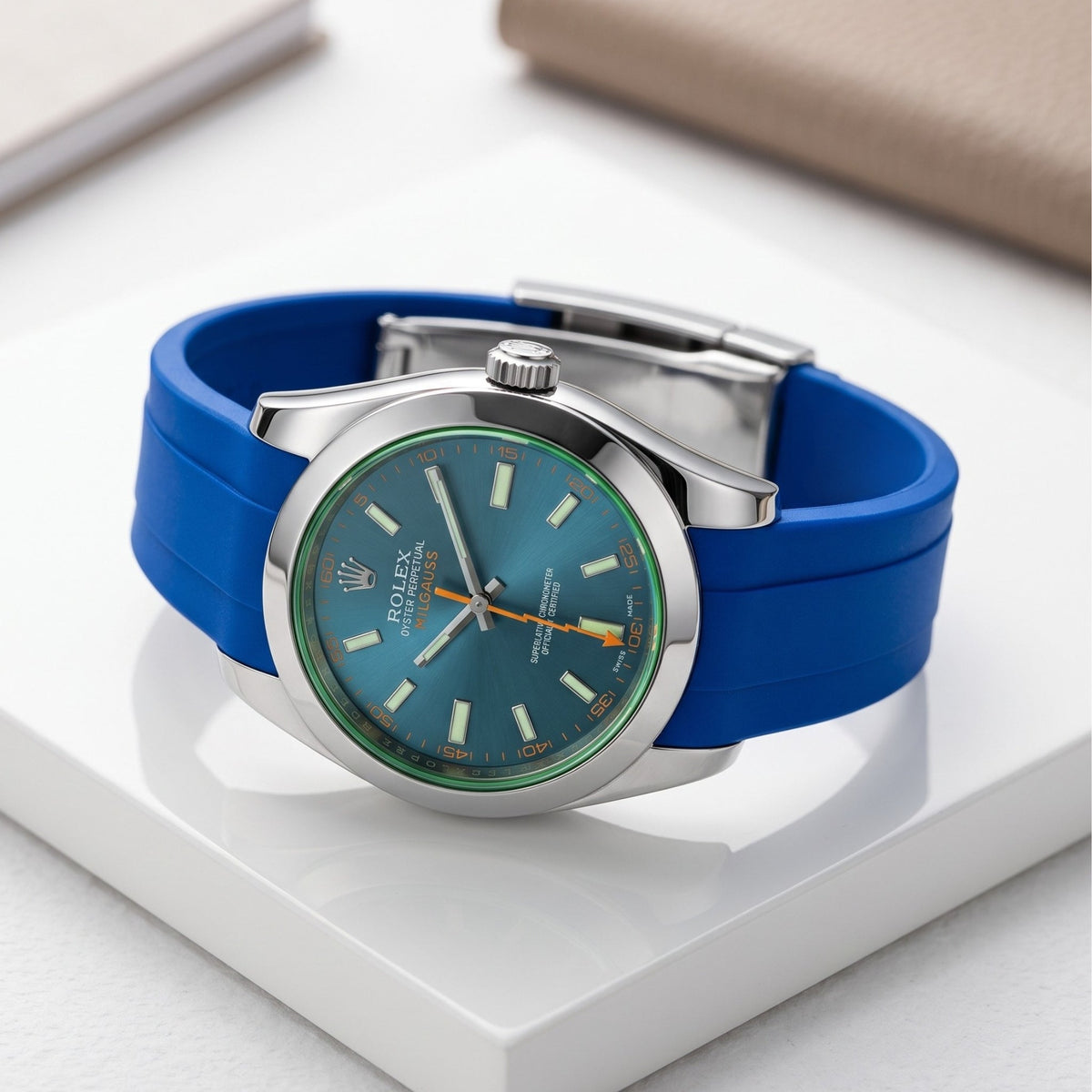 Faltschliessen Kautschukarmband für Rolex Milgauss in Blau - Helvetus