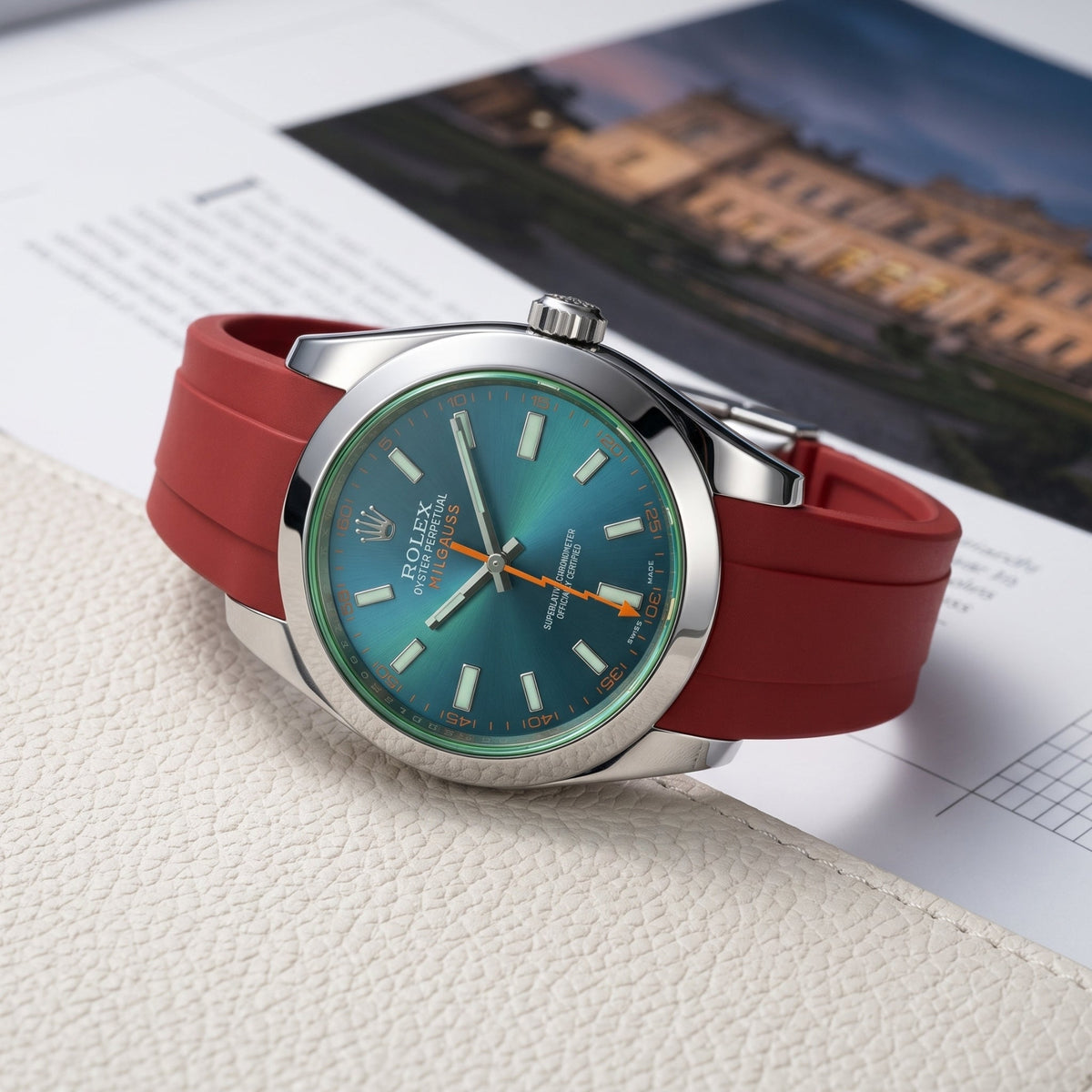 Faltschliessen Kautschukarmband für Rolex Milgauss in Bordeaux - Helvetus