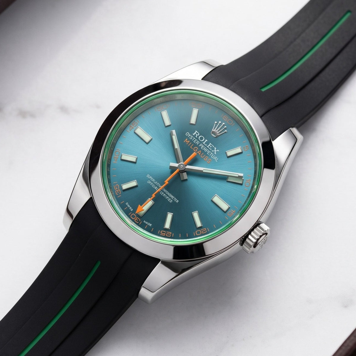 Faltschliessen Kautschukarmband für Rolex Milgauss – LuxLine® - Schwarz/Grün - Helvetus