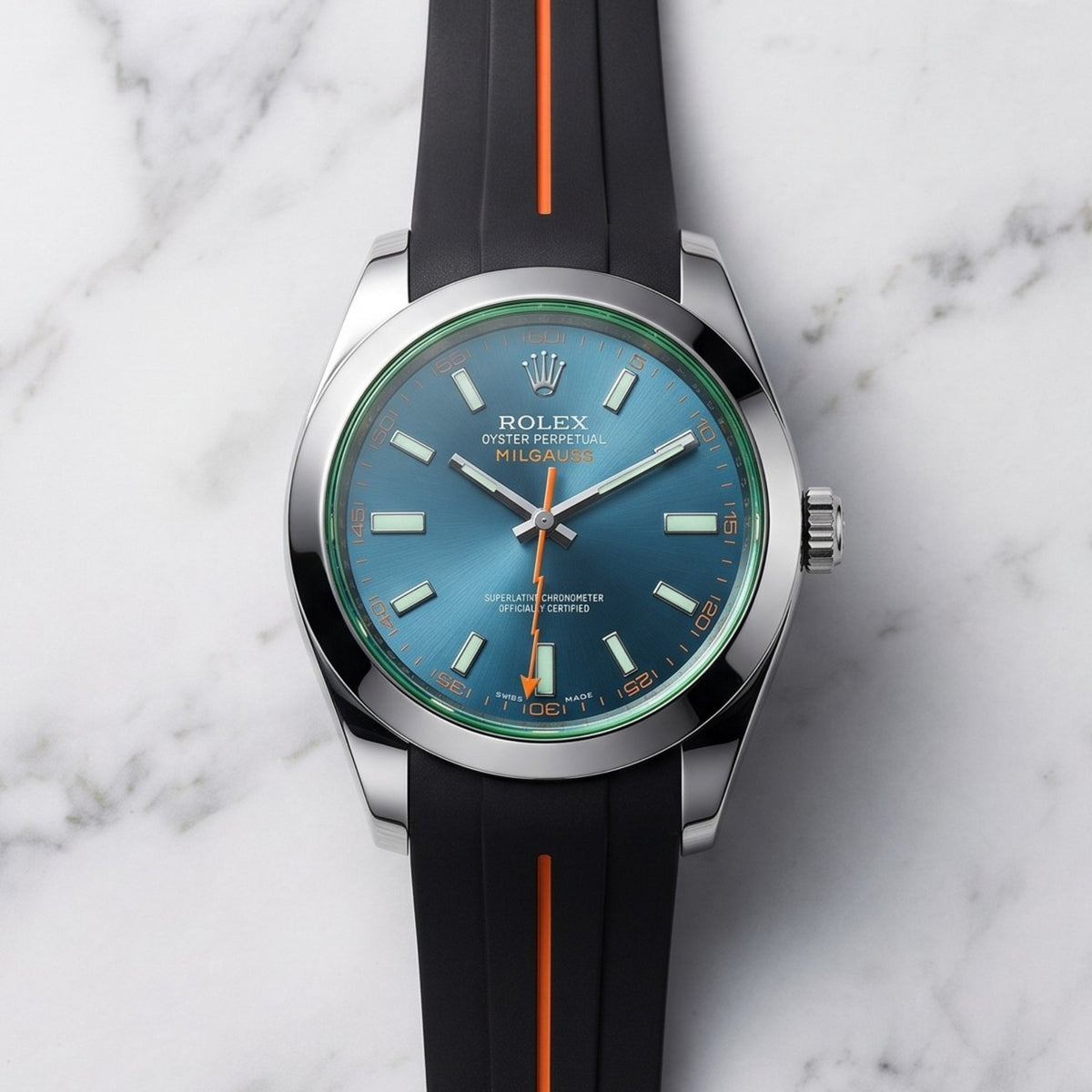 Faltschliessen Kautschukarmband für Rolex Milgauss – LuxLine® - Schwarz/Orange - Helvetus