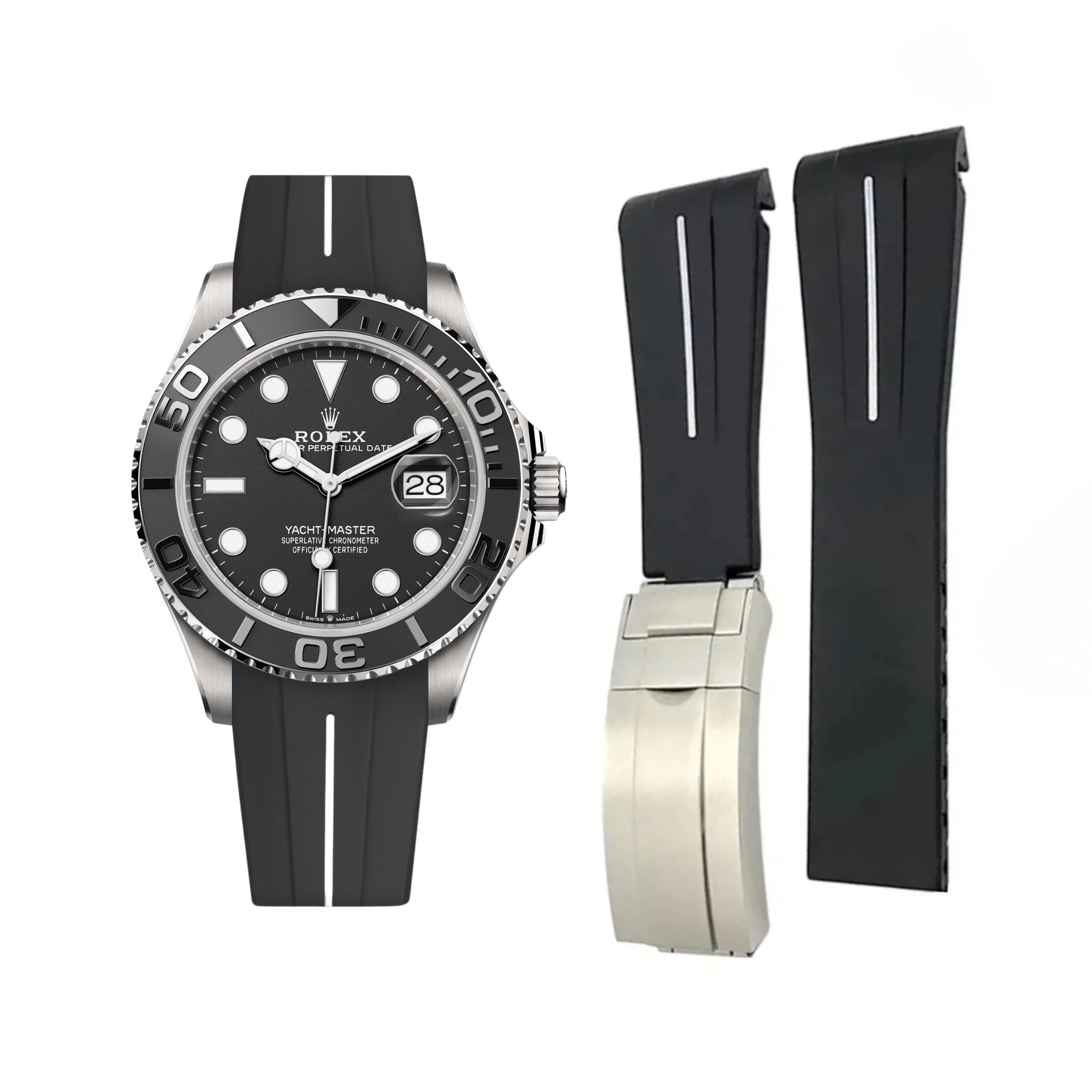 Faltschliessen Kautschukarmband für Rolex Yacht - Master 40mm/42mm – Schwarz/Weiss Linie | LuxLine® - Helvetus DE
