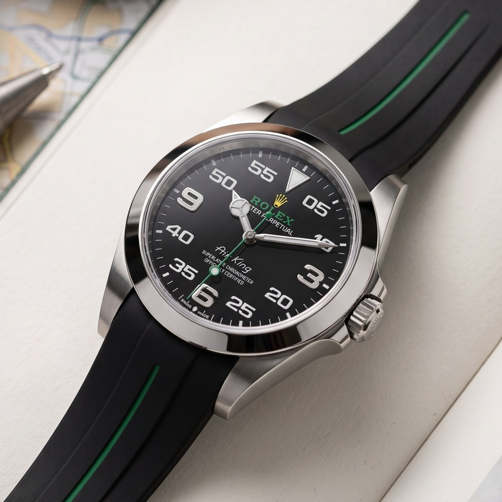 Kautschukarmband für Rolex Air-King 126900/116900 – Schwarz/Grün | LuxLine® - Helvetus