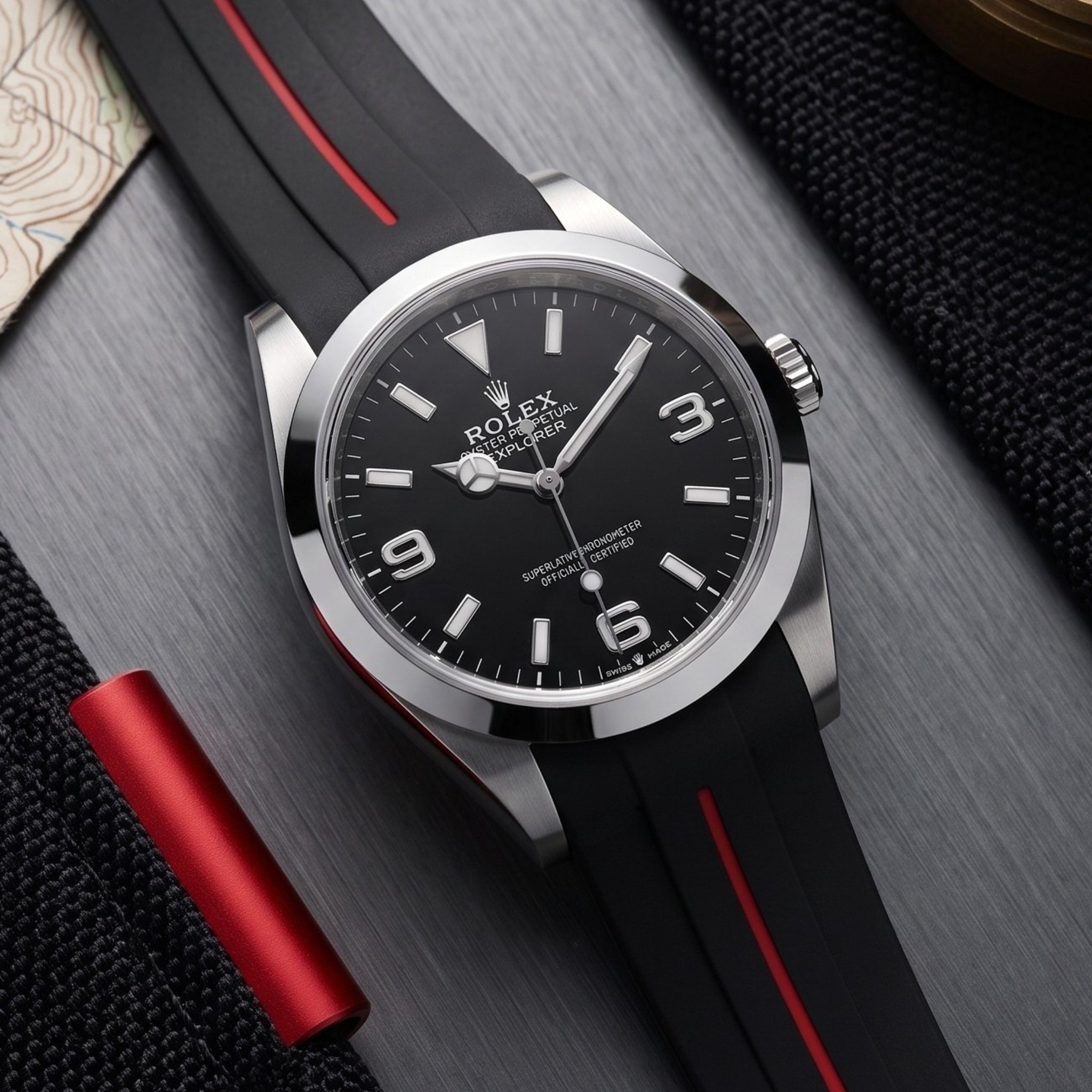 Kautschukarmband für Rolex Explorer I – Schwarz mit Roter Linie | LuxLine® - Helvetus