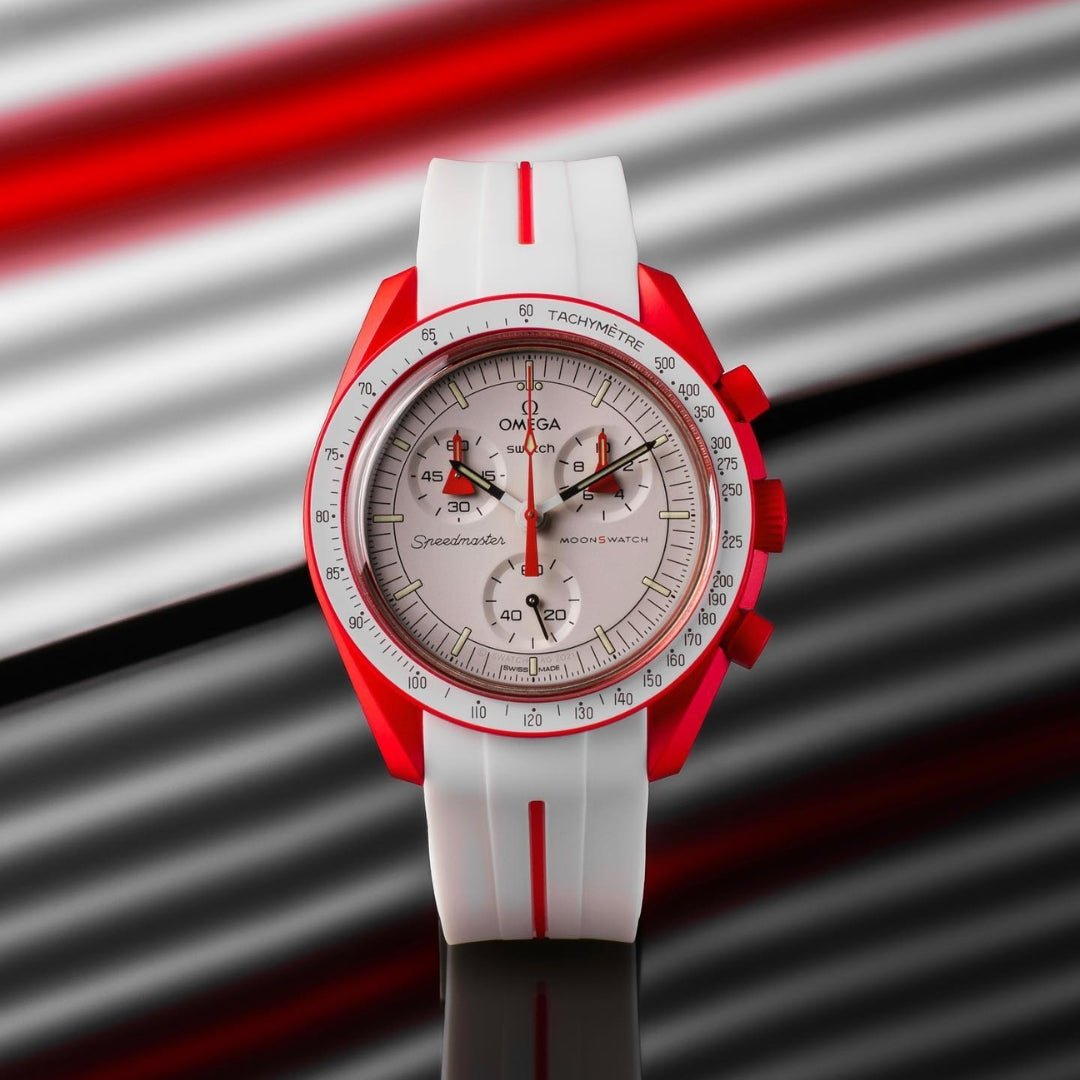 Kautschukarmband – Für Mission to Mars | Omega X Swatch | MoonSwatch – Weiß mit Roter Linie - Helvetus DE