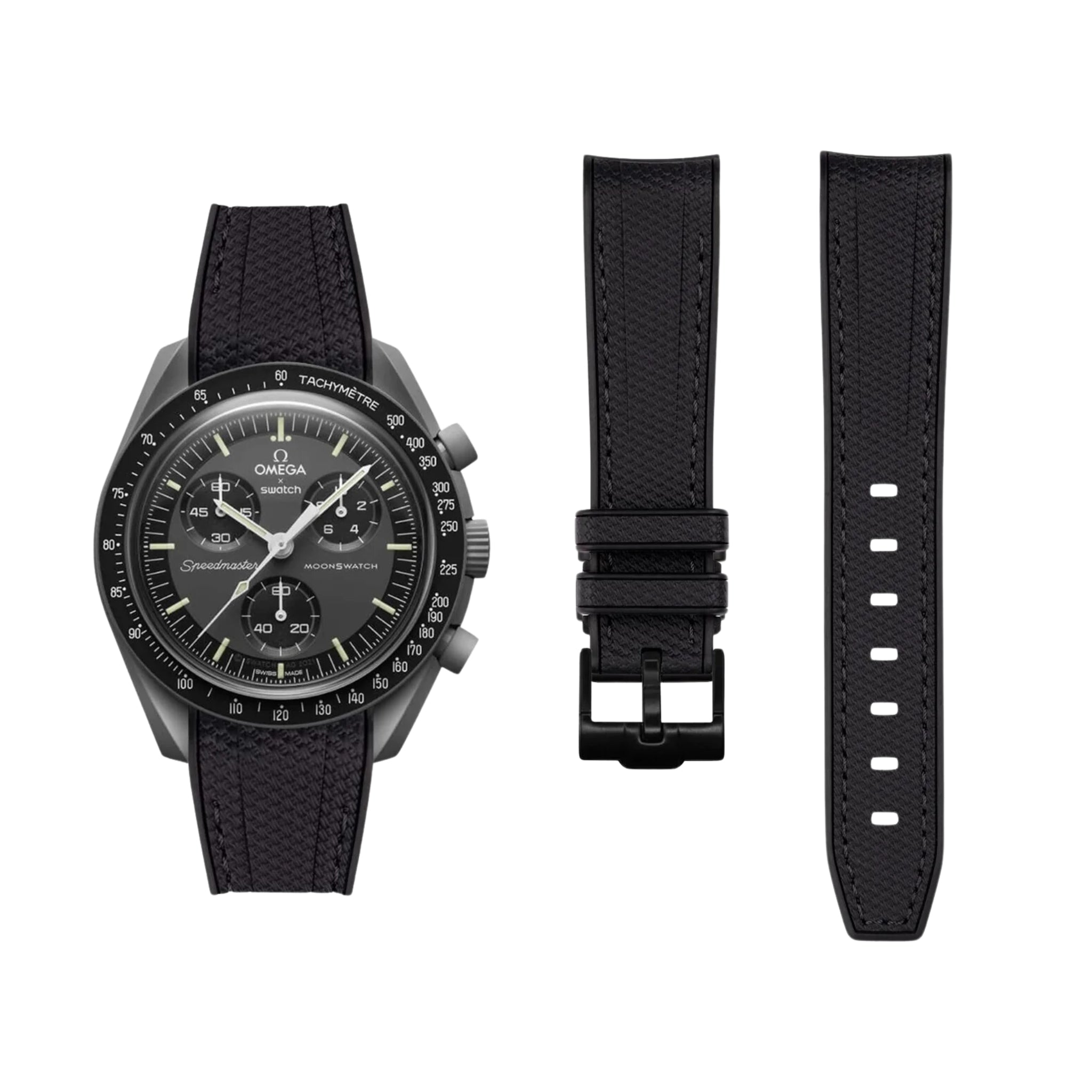 Kautschukarmband – Für Mission to the Moonphase – New Moon | Omega X Swatch | MoonSwatch – Schwarz mit Schwarz - Helvetus DE
