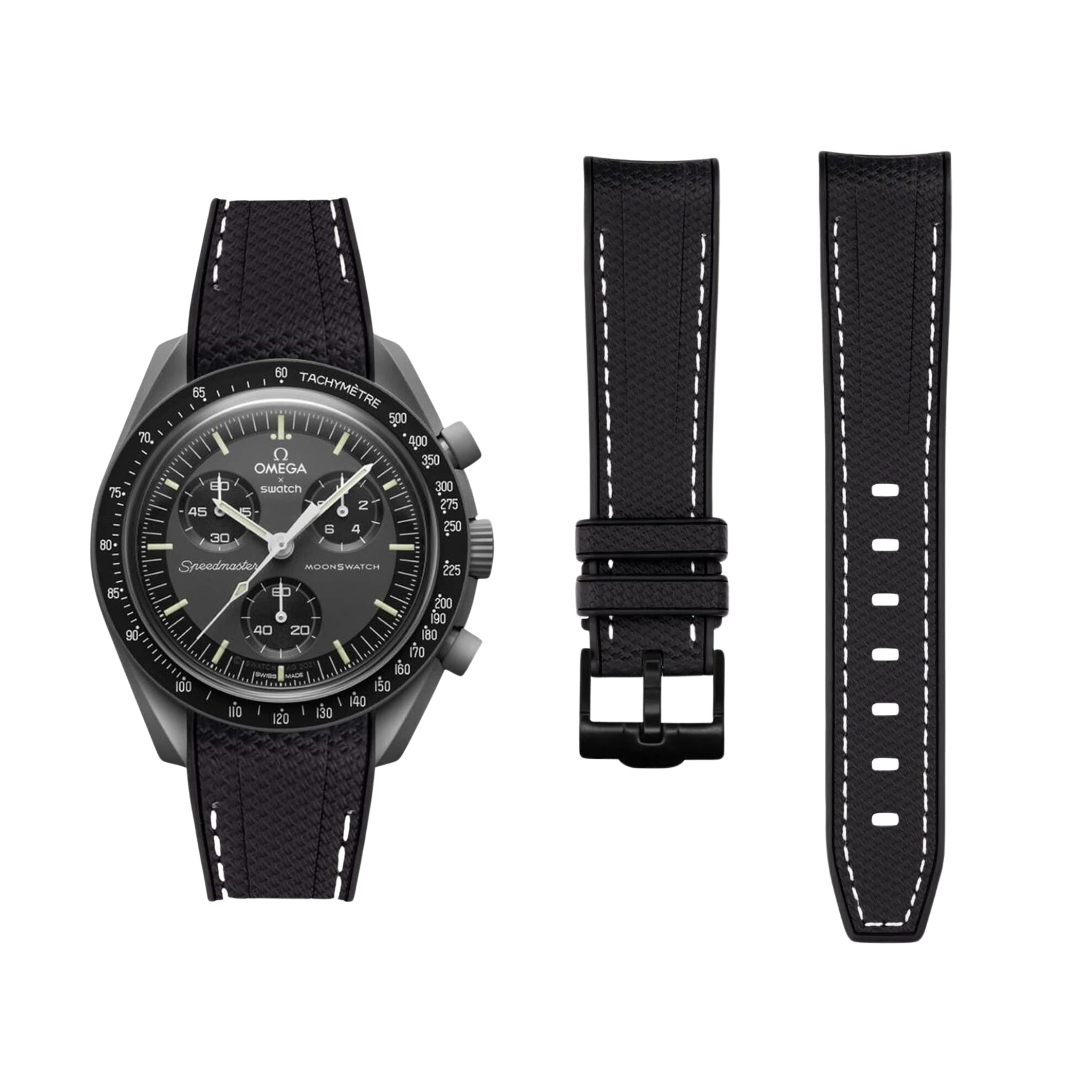 Kautschukarmband – Für Mission to the Moonphase – New Moon | Omega X Swatch | MoonSwatch – Schwarz mit Weiß - Helvetus DE