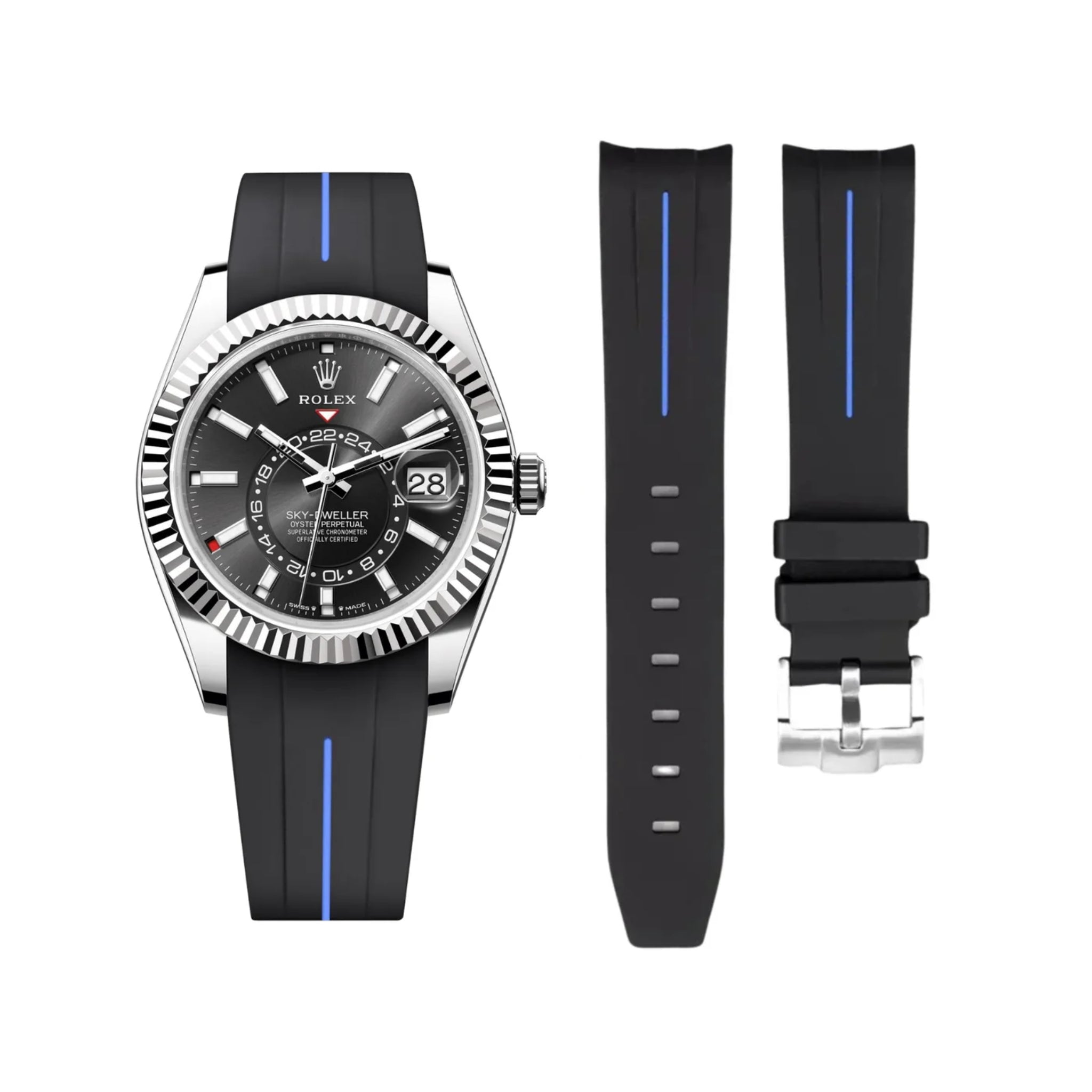 Kautschukarmband für Rolex Sky - Dweller – Schwarz/Blau Linie | LuxLine® - Helvetus DE
