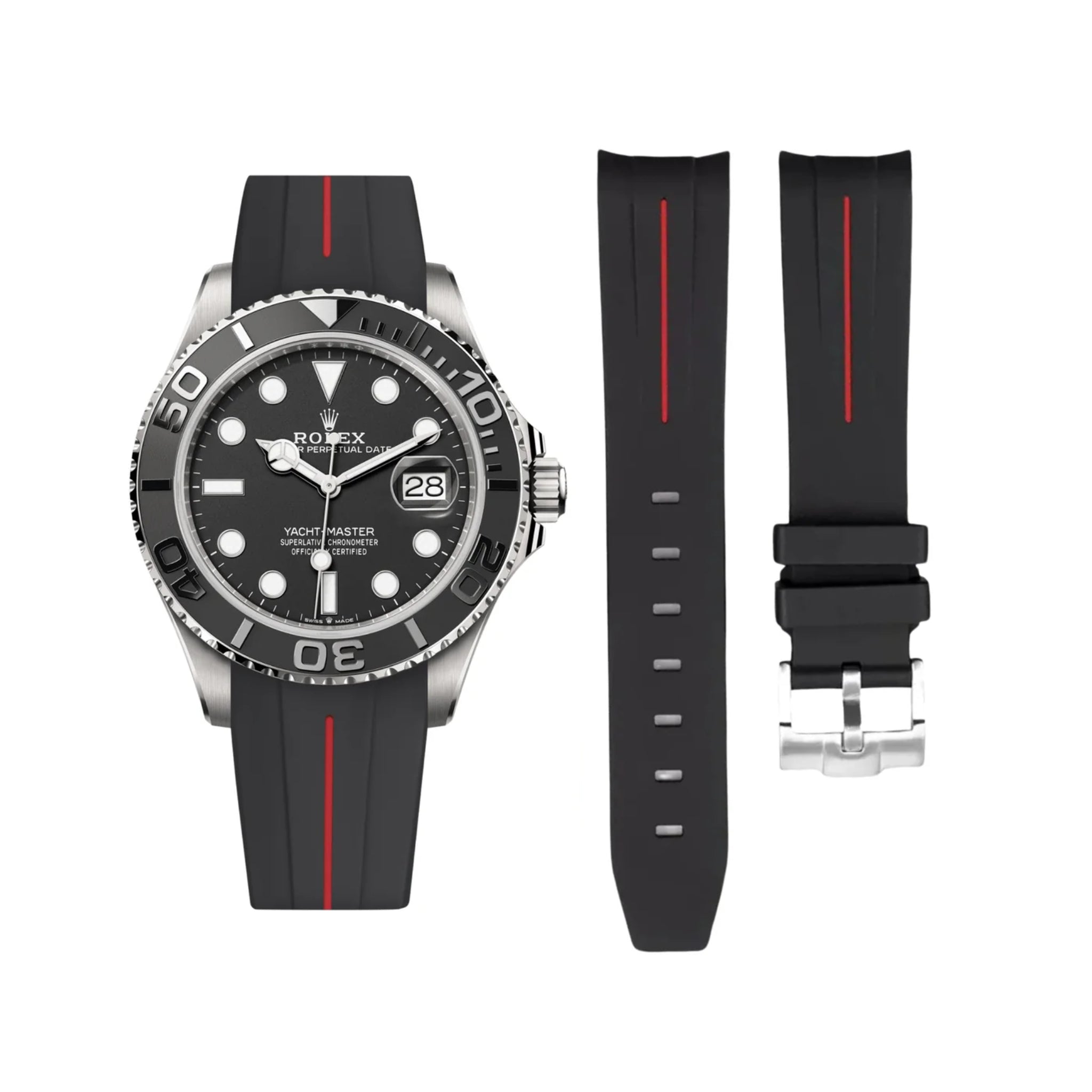 Kautschukarmband für Rolex Yacht - Master 40mm/42mm – Schwarz/Rot Linie | LuxLine® - Helvetus DE