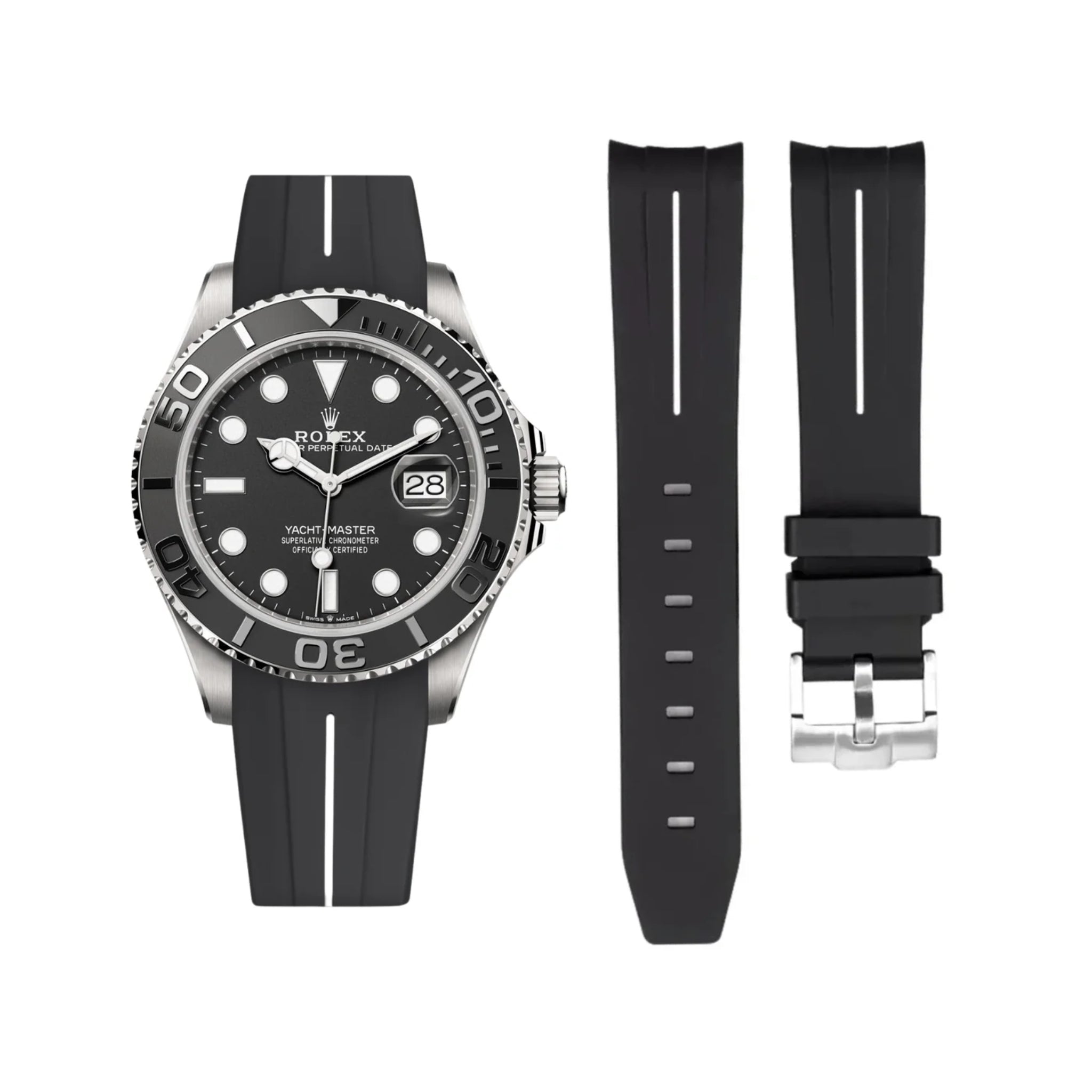 Kautschukarmband für Rolex Yacht - Master 40mm/42mm – Schwarz/Weiss Linie | LuxLine® - Helvetus DE