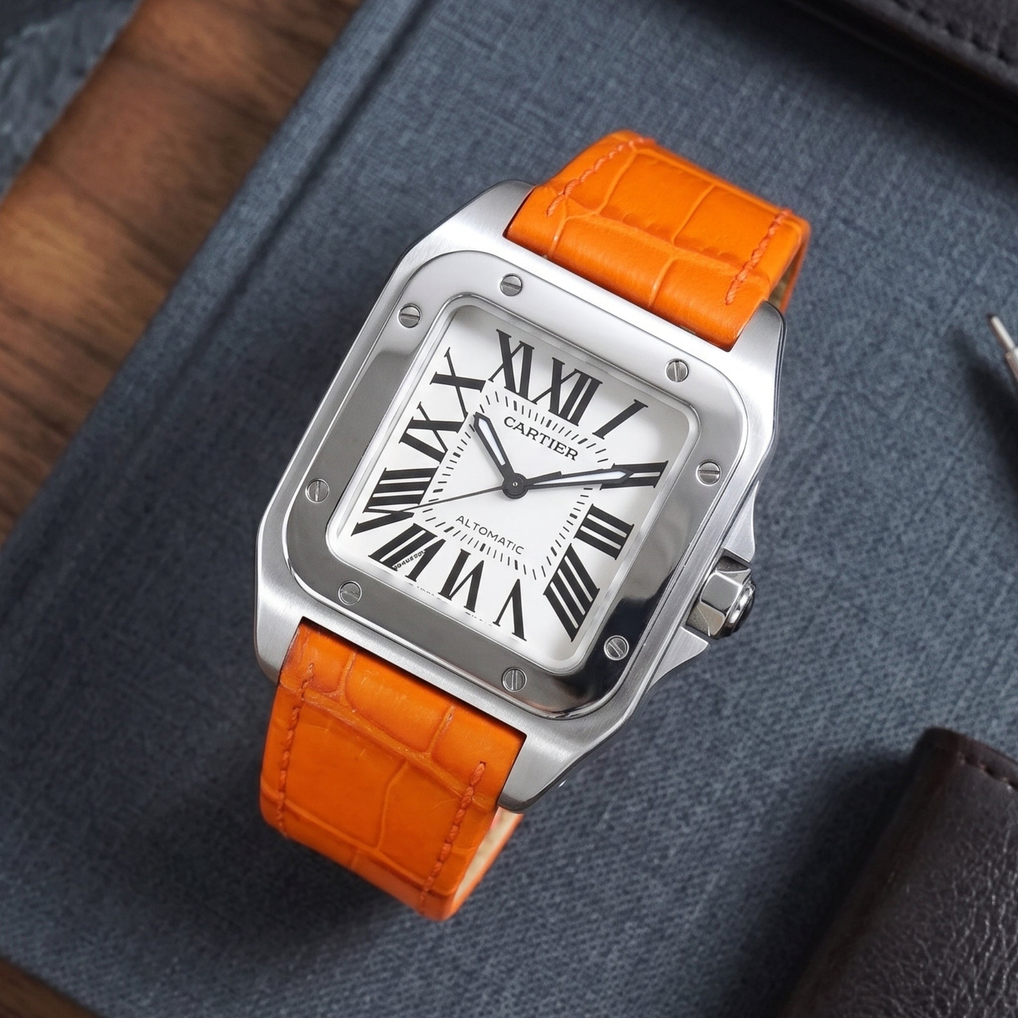 Leder Armband - für Cartier Santos 100 - Orange - Helvetus