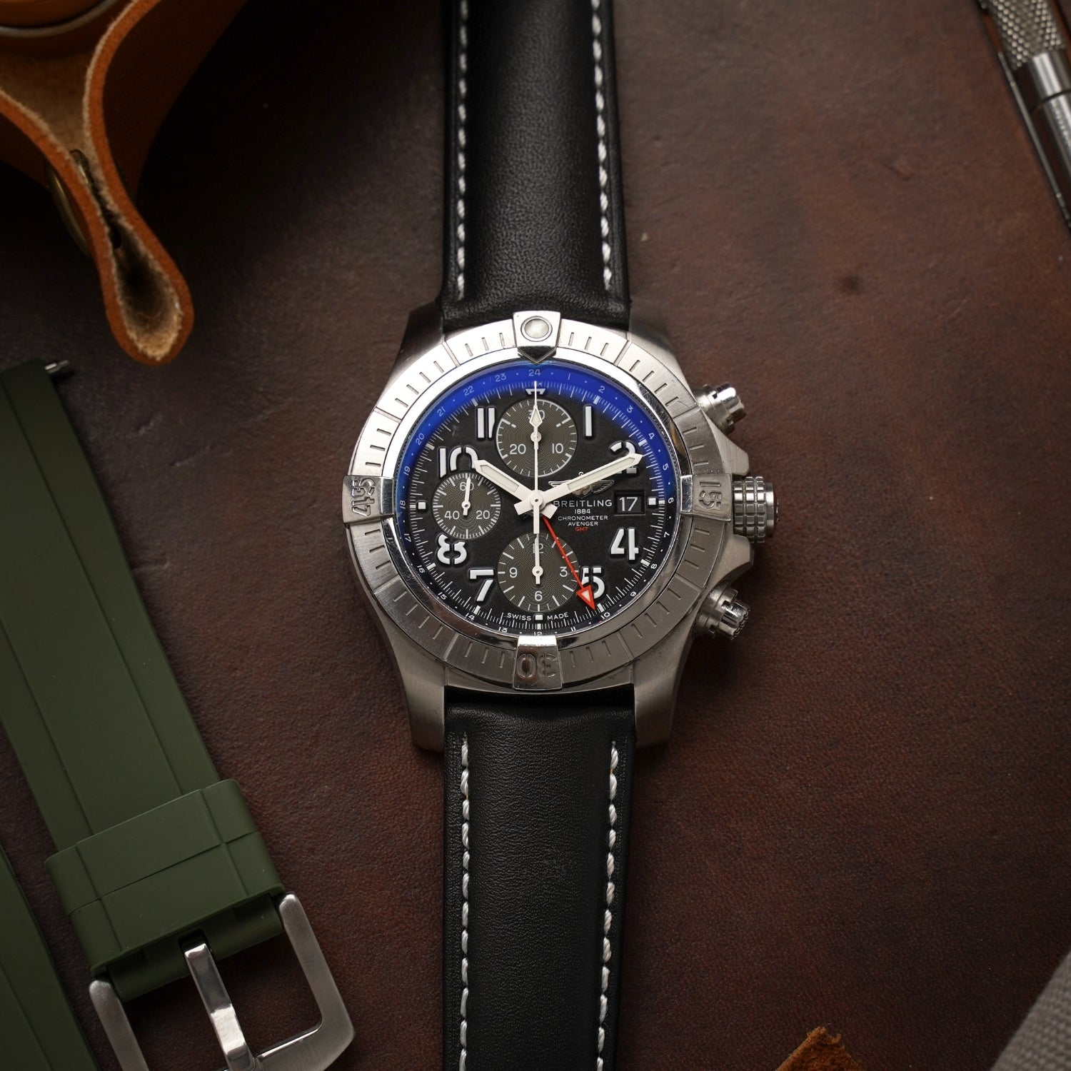 Leder Armband - für Breitling Uhren - Flach Schwarz - Helvetus DE