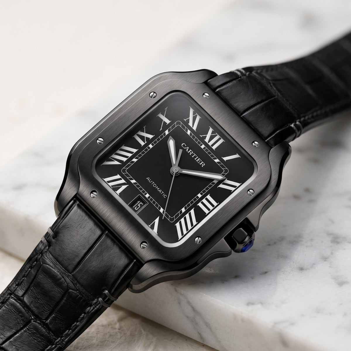 Leder Armband für Cartier Santos Medium/Large – Schwarz  – Quick Switch/Release