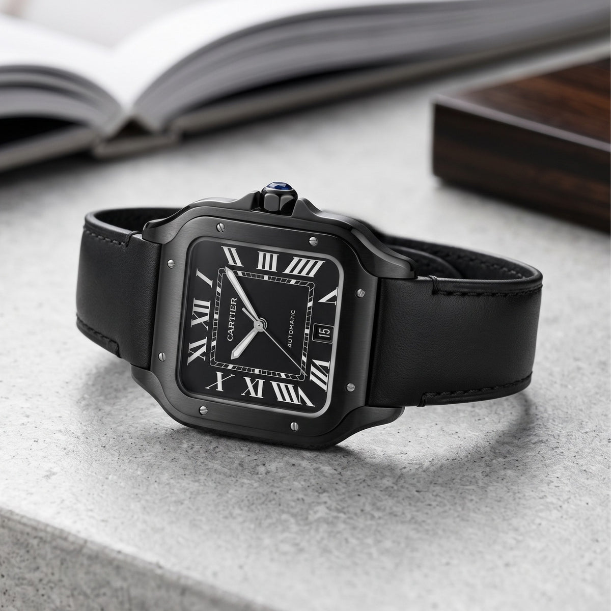 Leder Armband für Cartier Santos Medium/Large – Flach Schwarz  – Quick Switch/Release