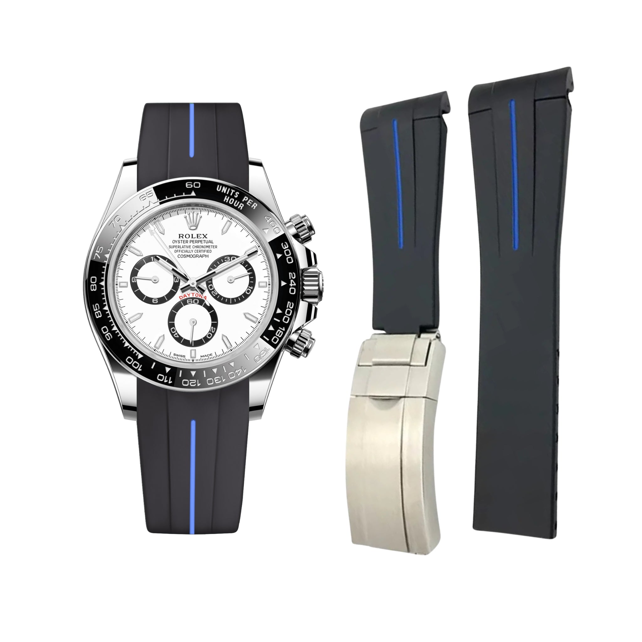 Deployant Rubber Strap - For Rolex Daytona - Black w/Blue Line | LuxLine® - Helvetus