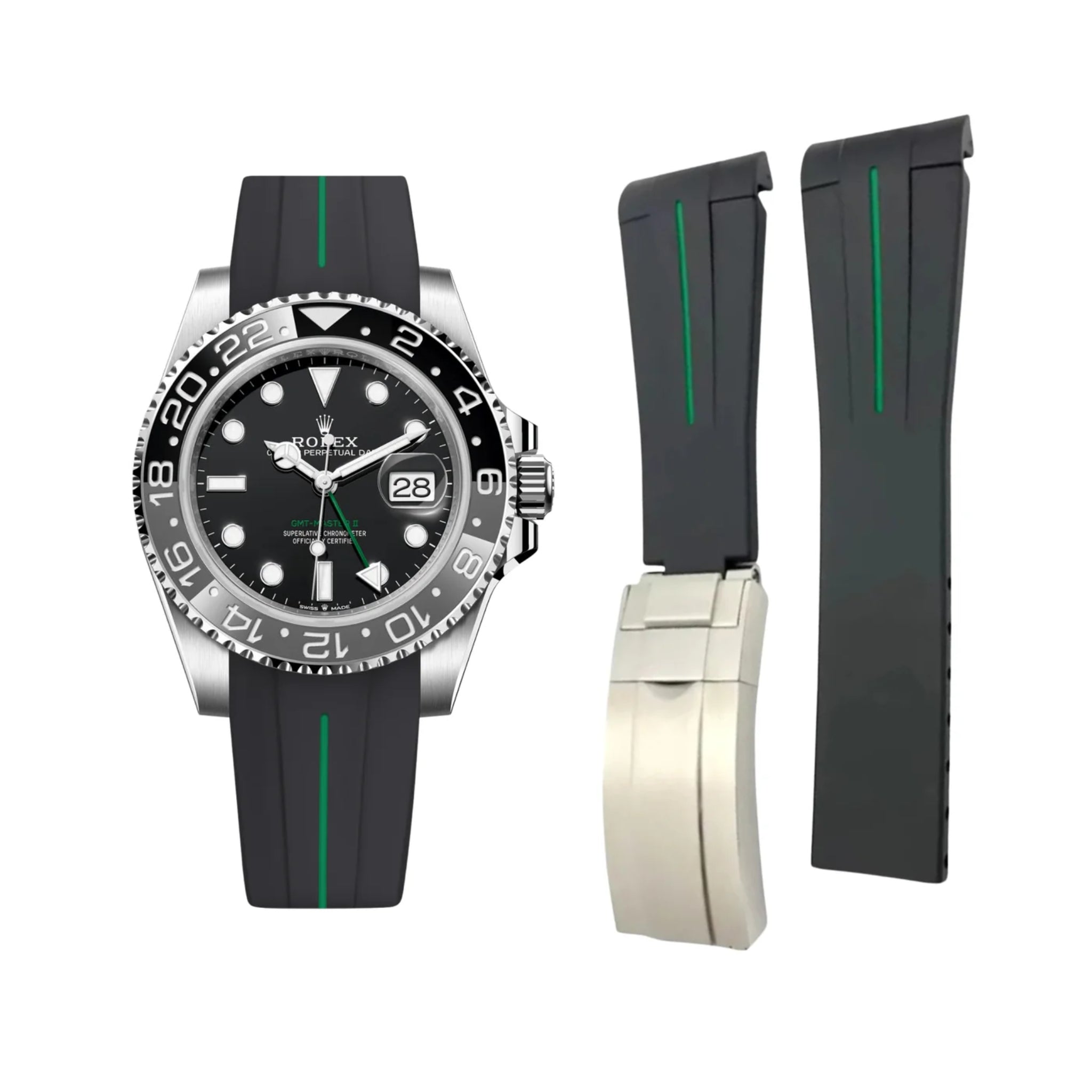 Deployant Rubber Strap - For Rolex GMT - Master II - Black w/Green Line | LuxLine® - Helvetus