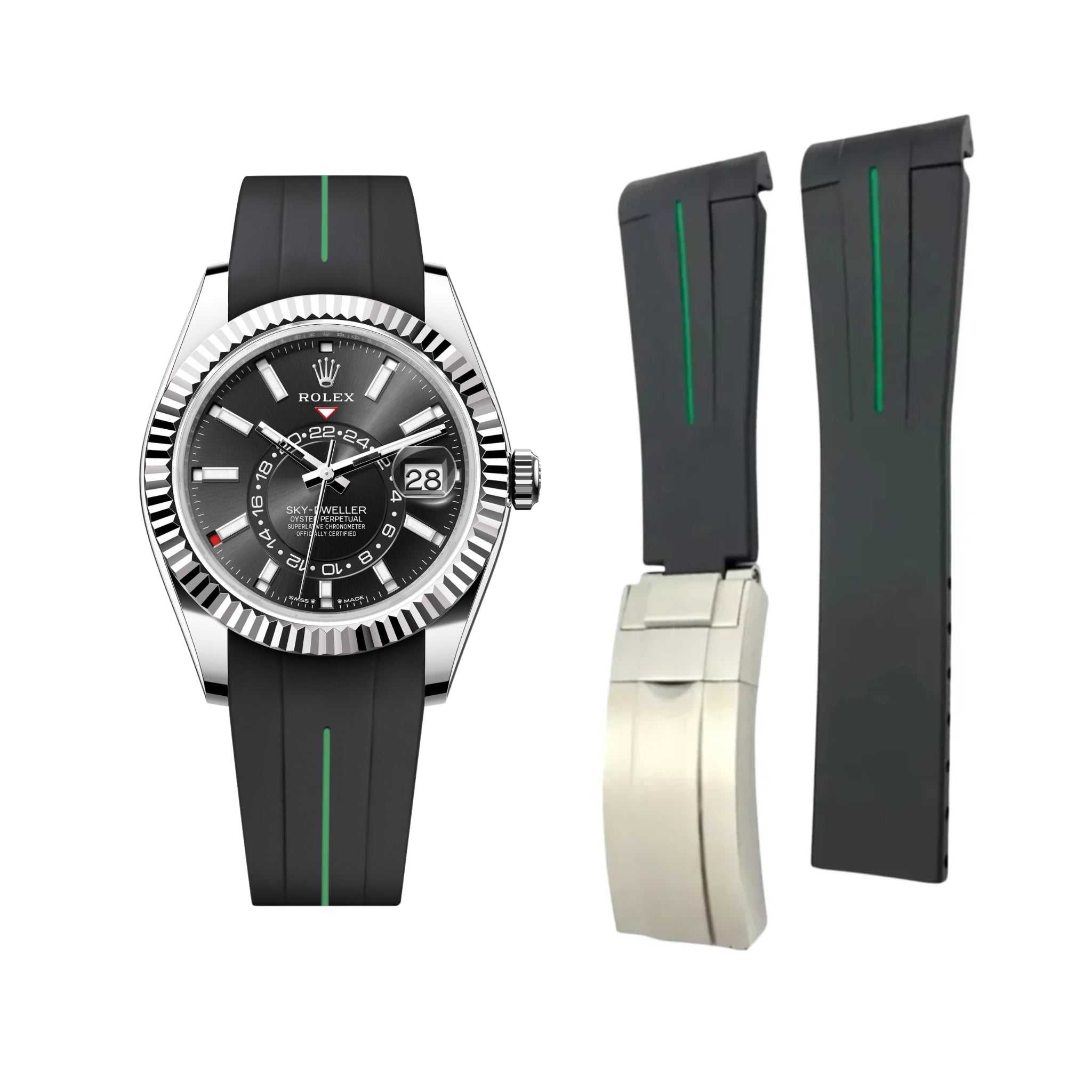 Deployant Rubber Strap - For Rolex Sky - Dweller - Black w/Green Line | LuxLine® - Helvetus