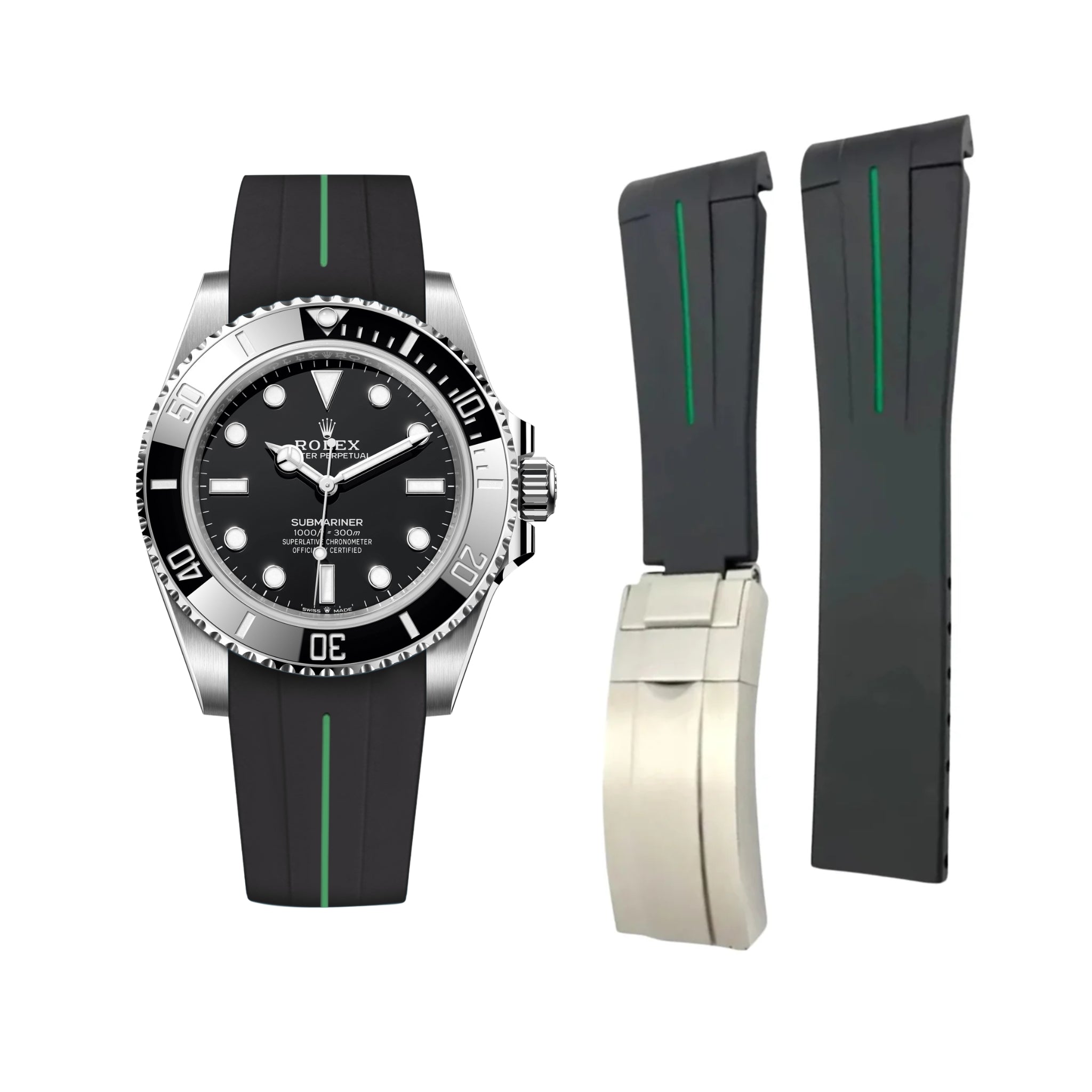 Deployant Rubber Strap - For Rolex Submariner - Black w/Green Line | LuxLine® - Helvetus