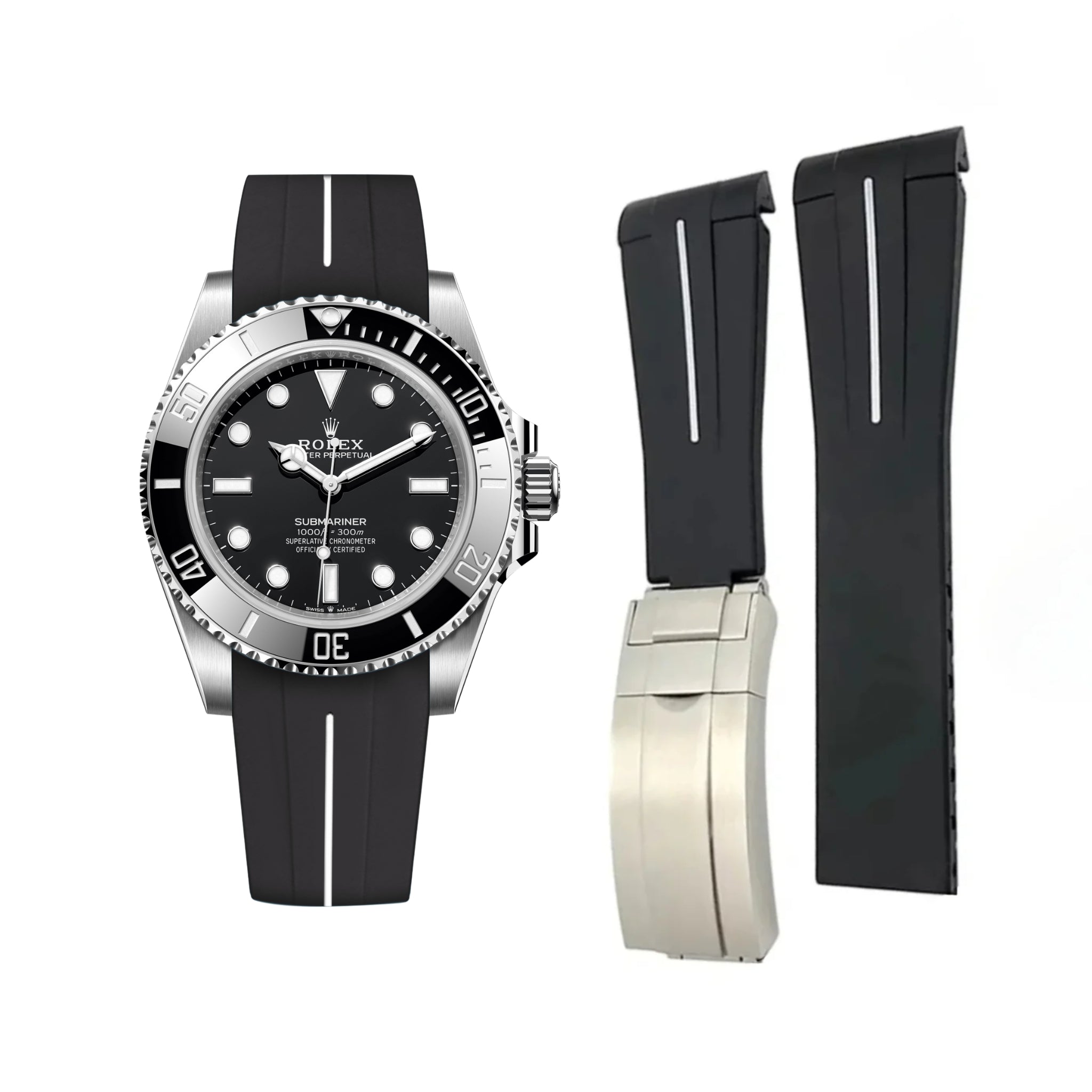 Deployant Rubber Strap - For Rolex Submariner - Black w/White Line | LuxLine® - Helvetus