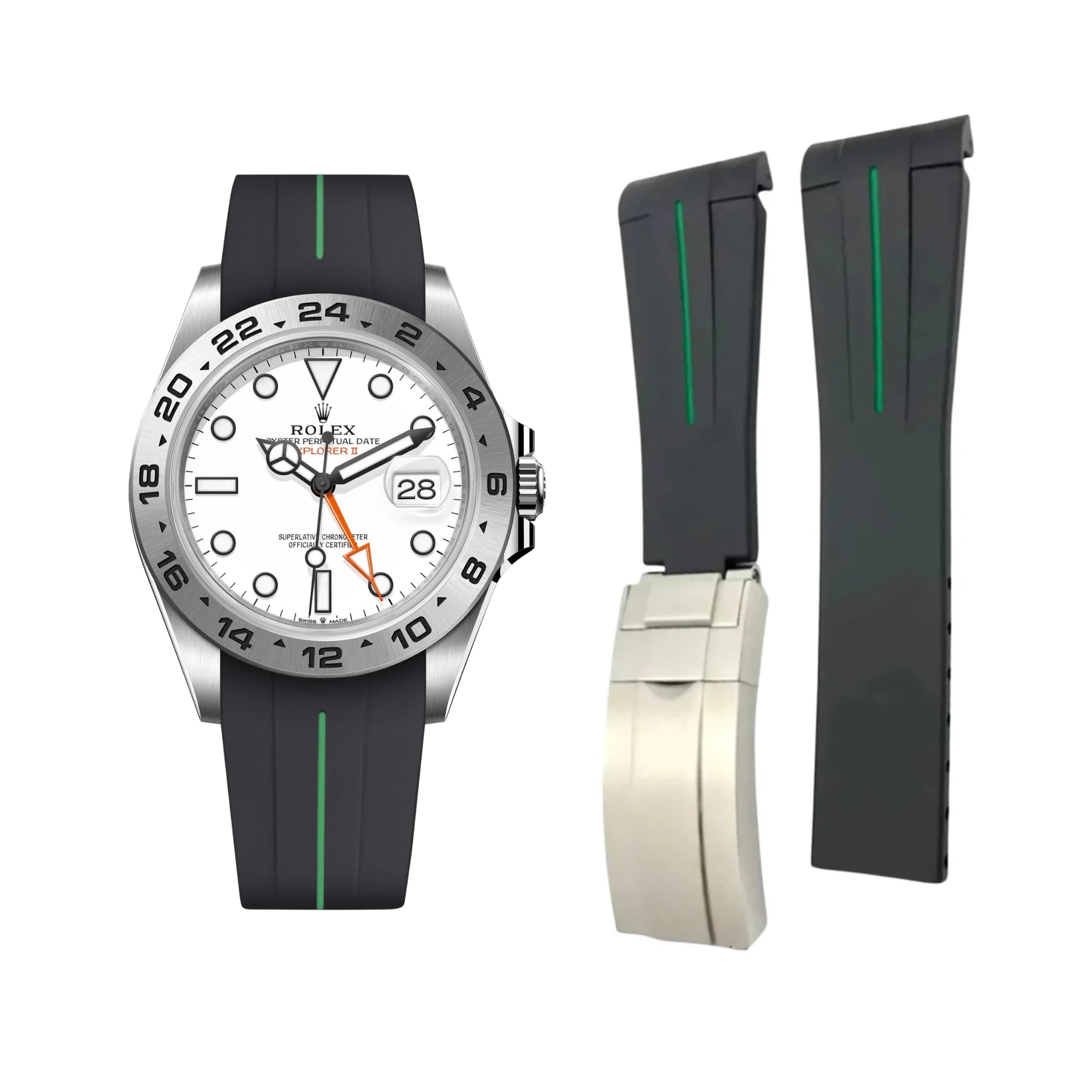 Deployant Strap - For Rolex Explorer II - Black w/Green Line | LuxLine® - Helvetus