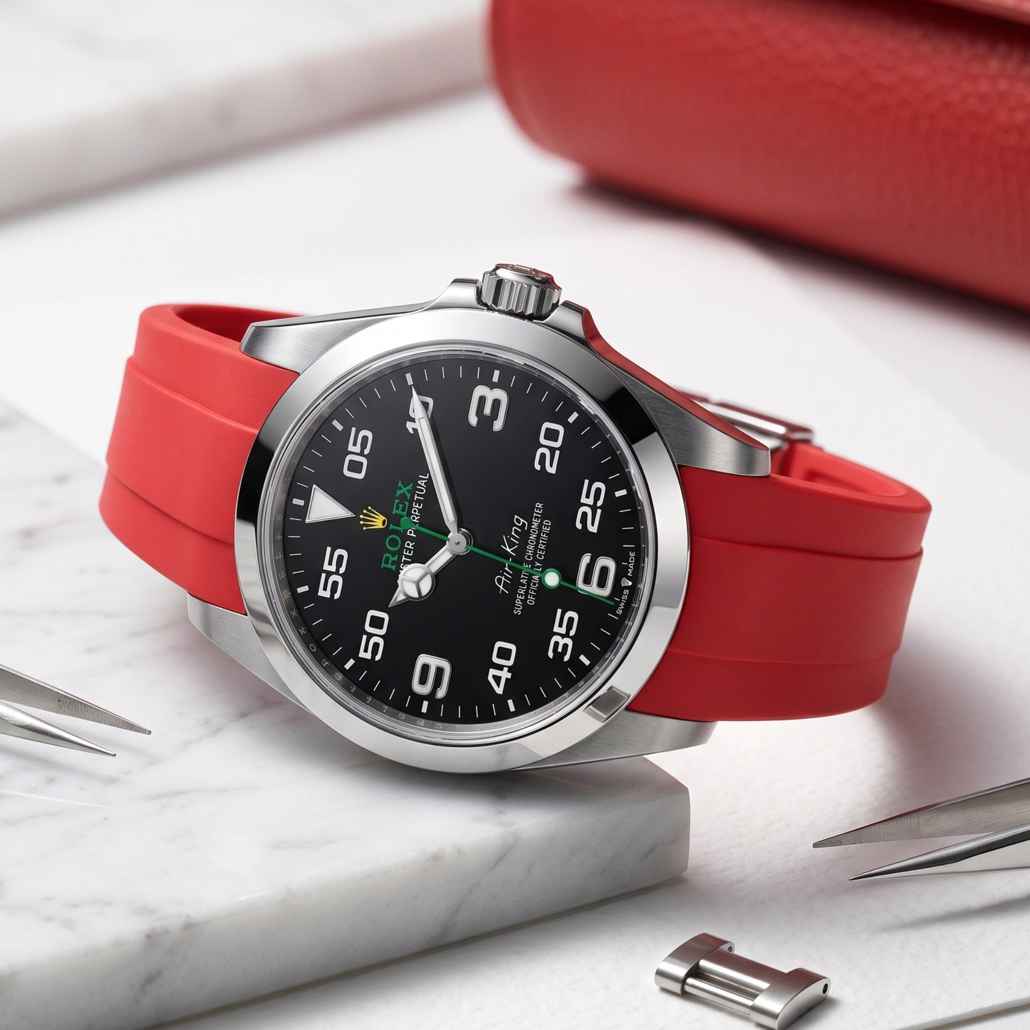 Faltschließe Kautschukarmband für Rolex Air-King 126900/116900 – Rot - Helvetus