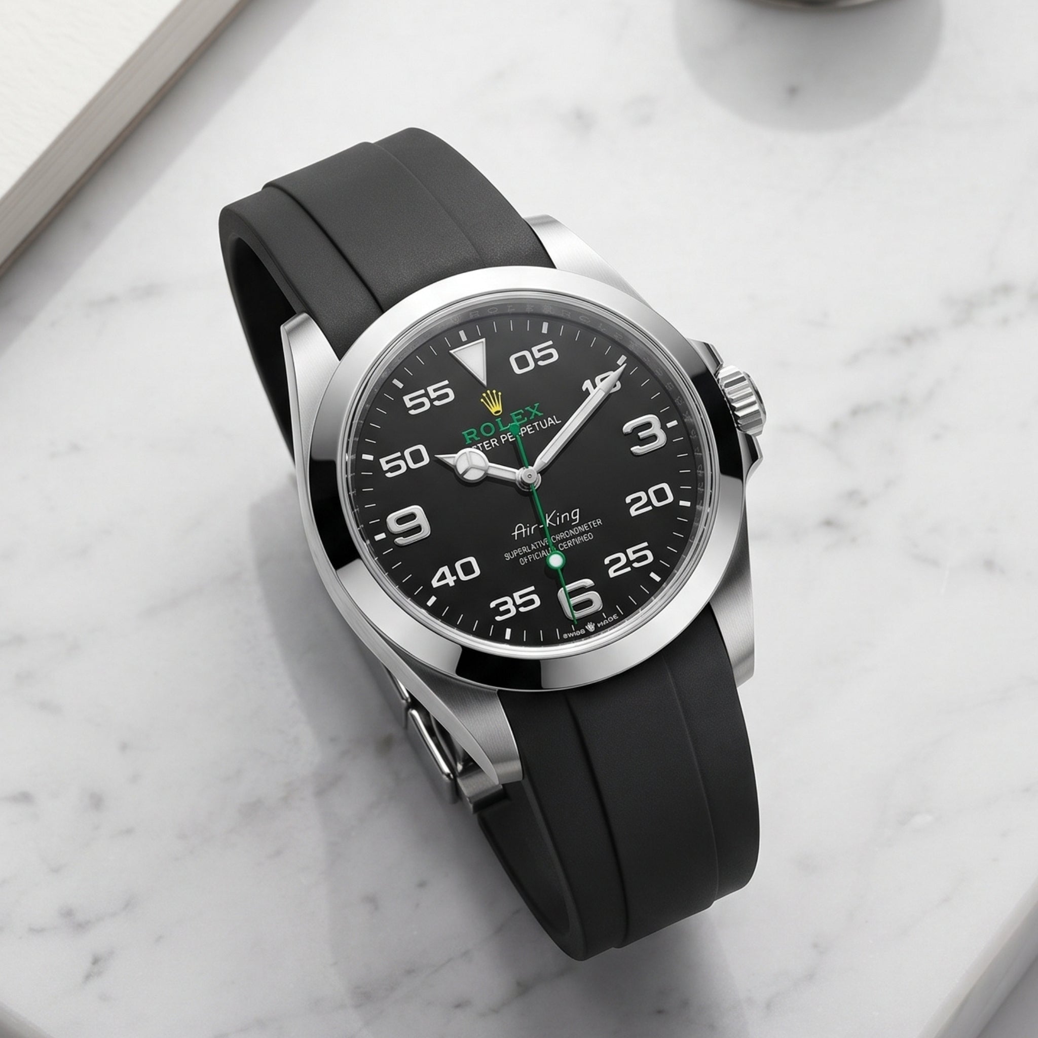 Faltschließe Kautschukarmband für Rolex Air-King 126900/116900 – Schwarz - Helvetus