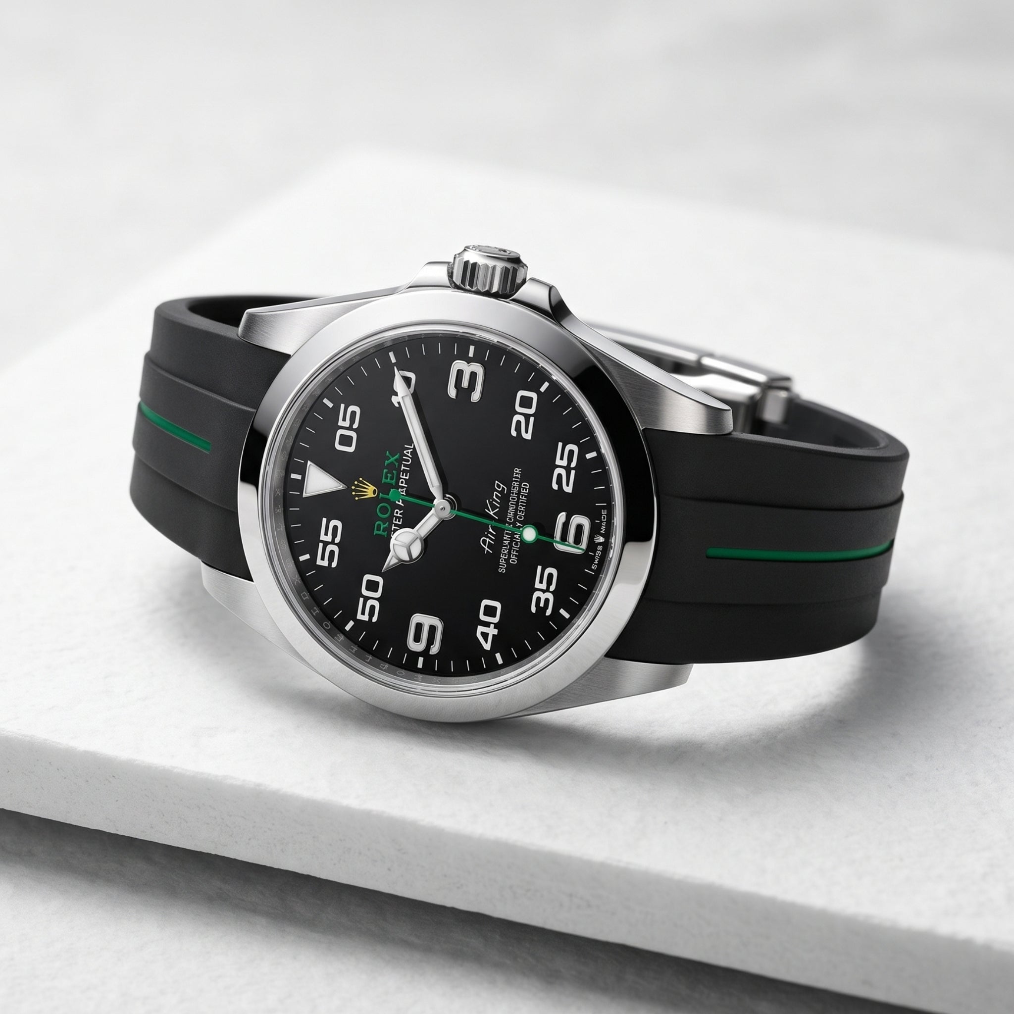 Faltschließe Kautschukarmband für Rolex Air-King 126900/116900 – Schwarz/Grün | LuxLine® - Helvetus