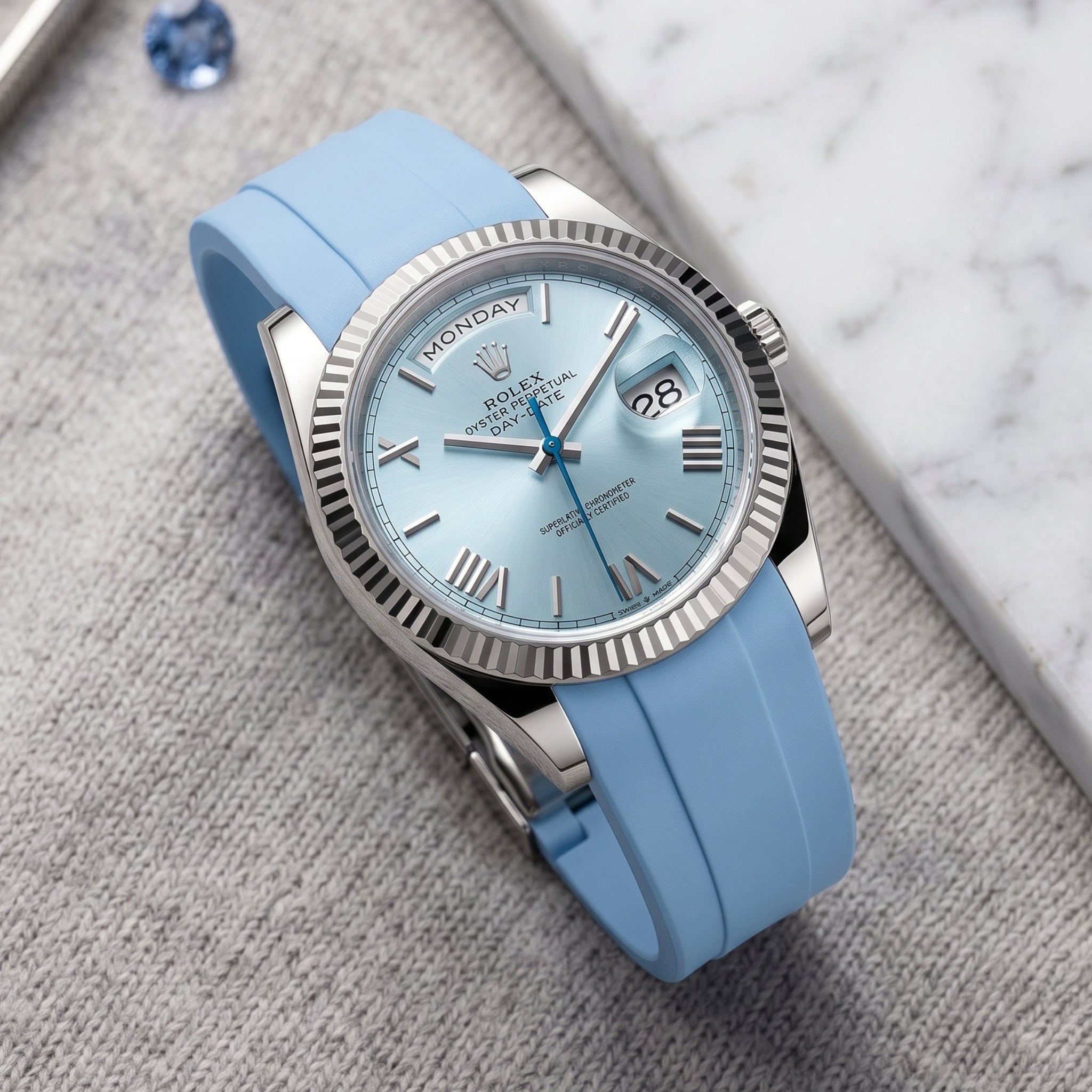 Faltschliesse Kautschukarmband für Rolex Day-Date 40mm – Baby Blau - Helvetus