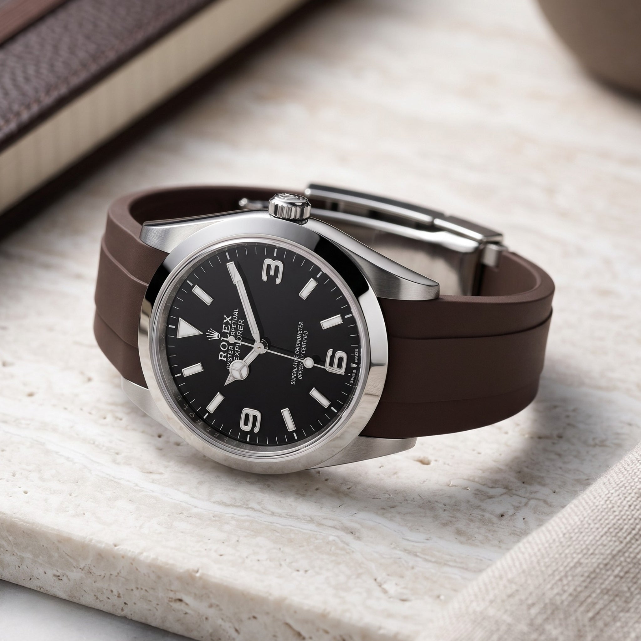 Faltschließe Kautschukarmband für Rolex Explorer I – Braun - Helvetus