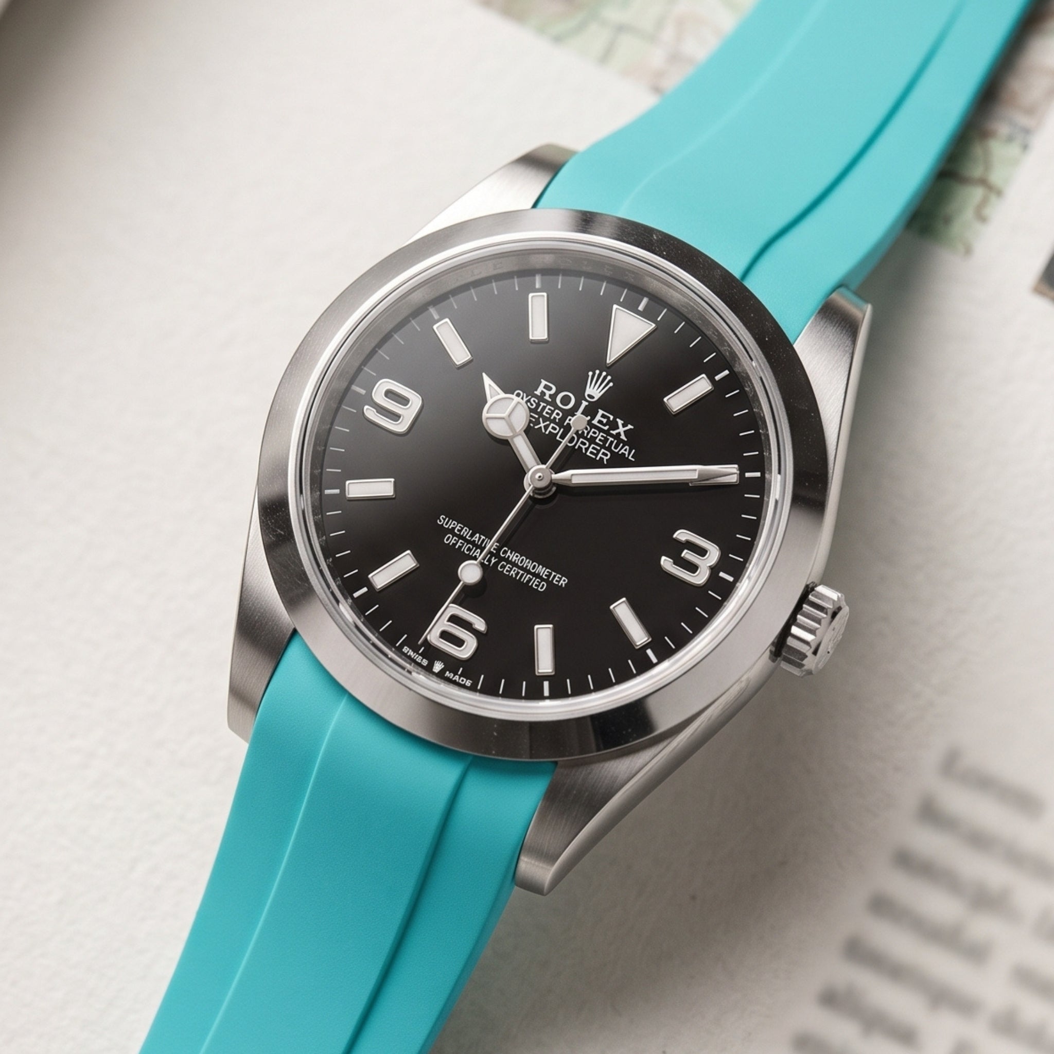 Faltschließe Kautschukarmband für Rolex Explorer I – Türkis - Helvetus