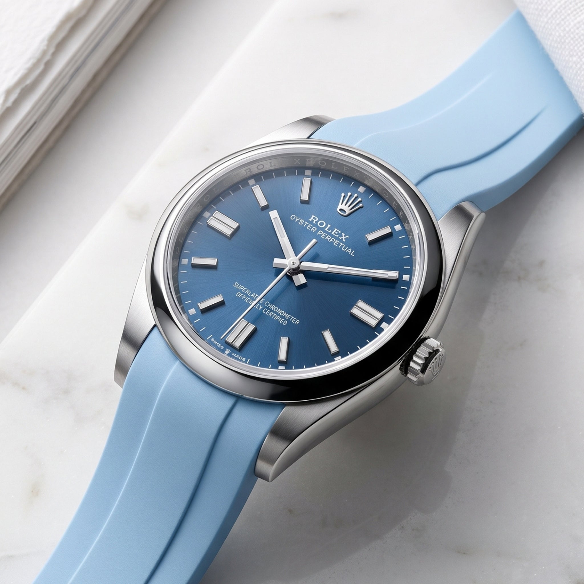 Faltschliesse Kautschukarmband für Rolex Oyster Perpetual 36mm – Baby Blau - Helvetus