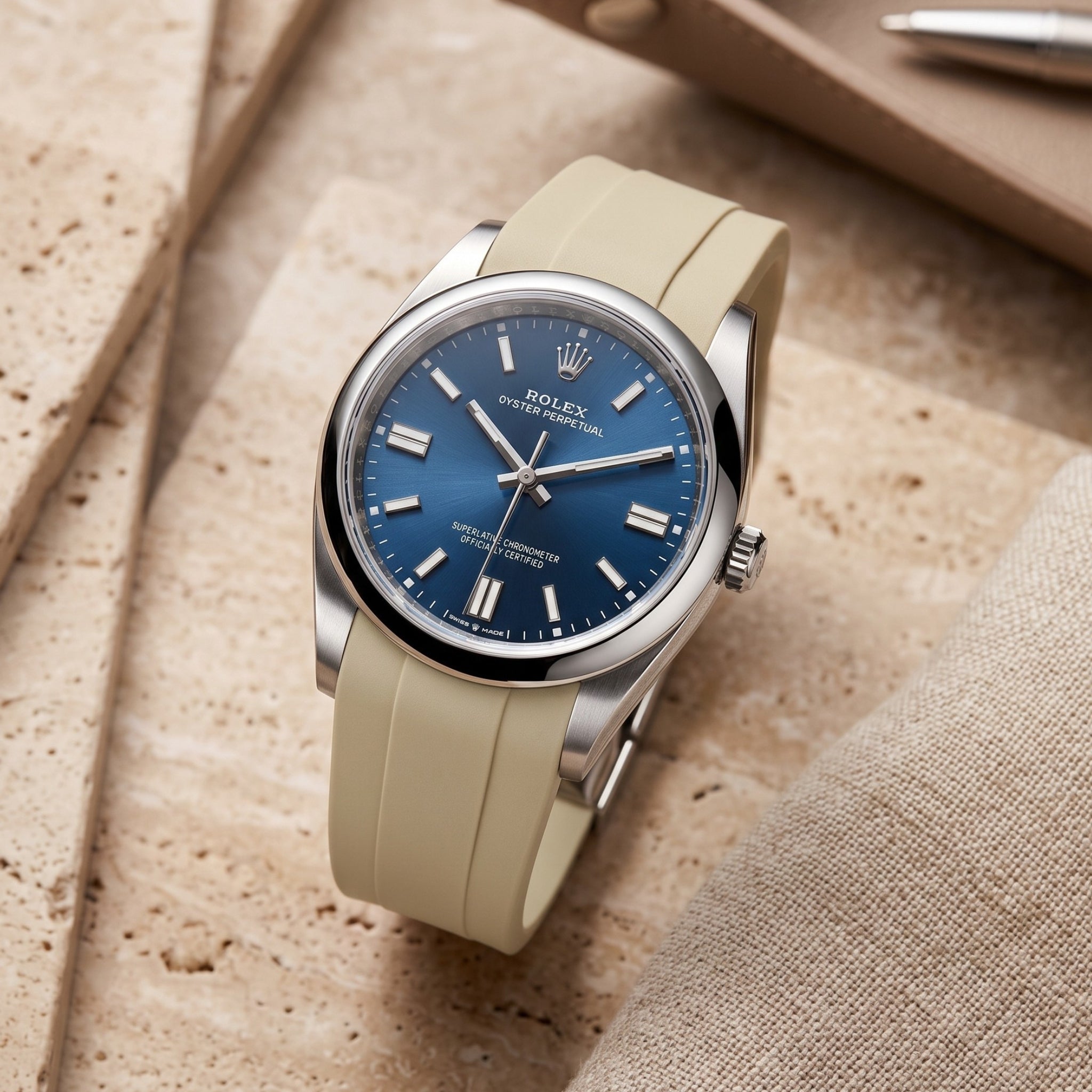 Faltschliesse Kautschukarmband für Rolex Oyster Perpetual 36mm – Beige - Helvetus