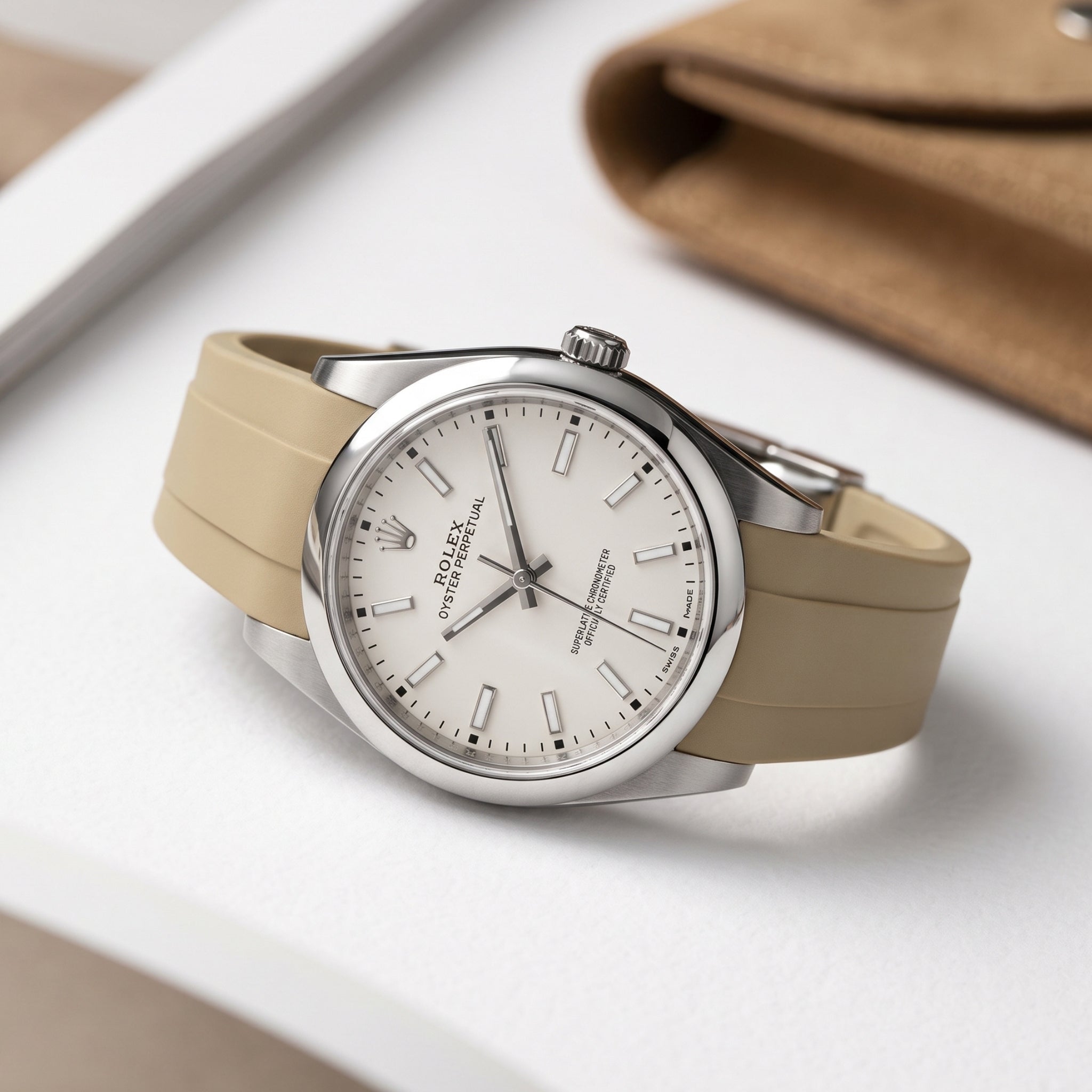 Faltschliesse Kautschukarmband für Rolex Oyster Perpetual 39mm – Beige - Helvetus
