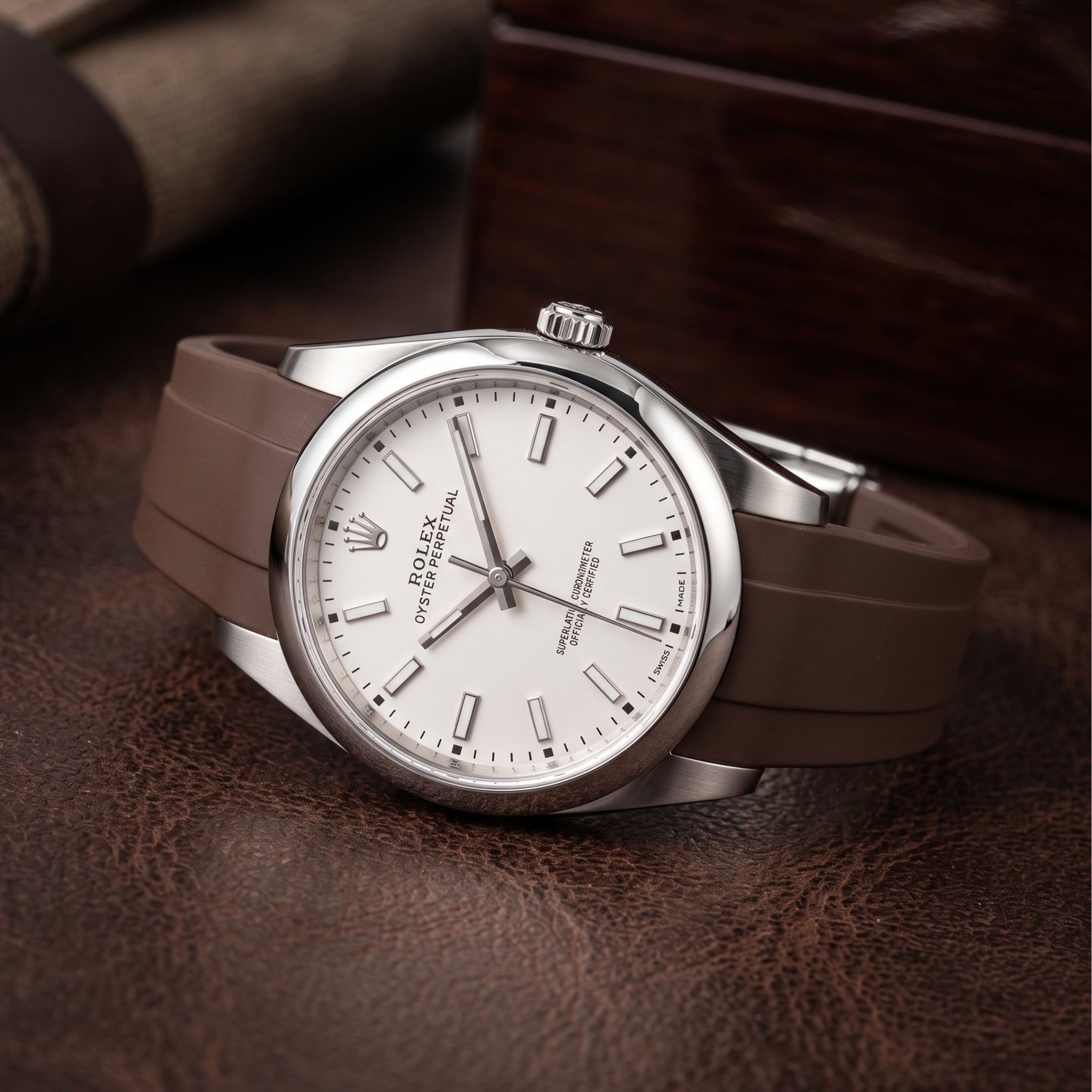 Faltschliesse Kautschukarmband für Rolex Oyster Perpetual 39mm – Braun - Helvetus