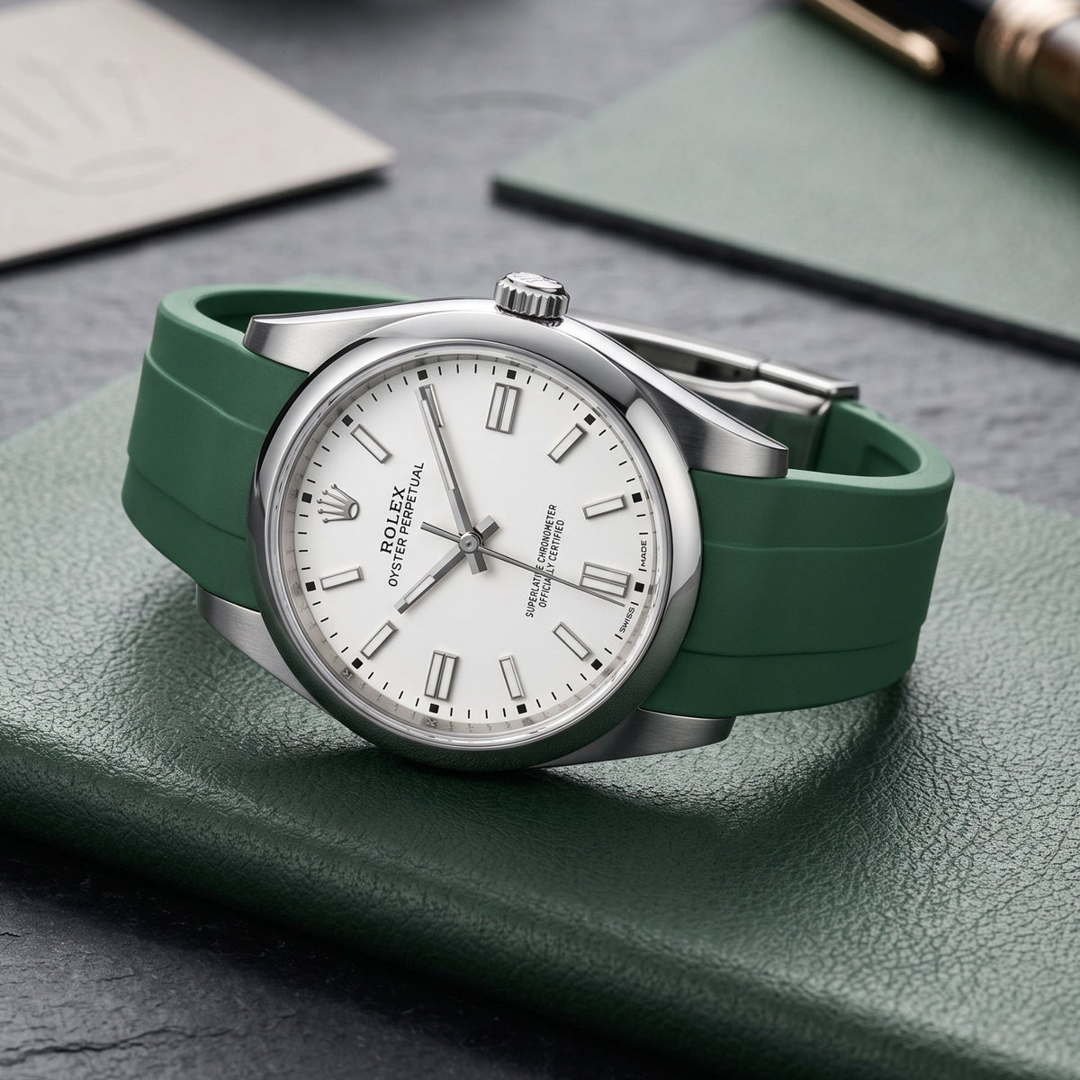 Faltschliesse Kautschukarmband für Rolex Oyster Perpetual 39mm – Grün - Helvetus