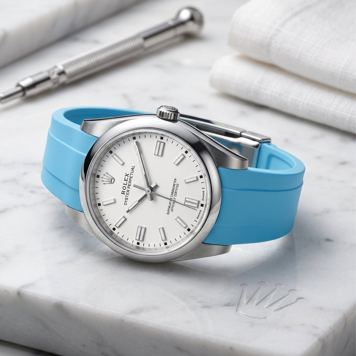 Faltschliesse Kautschukarmband für Rolex Oyster Perpetual 39mm – Hell Blau - Helvetus