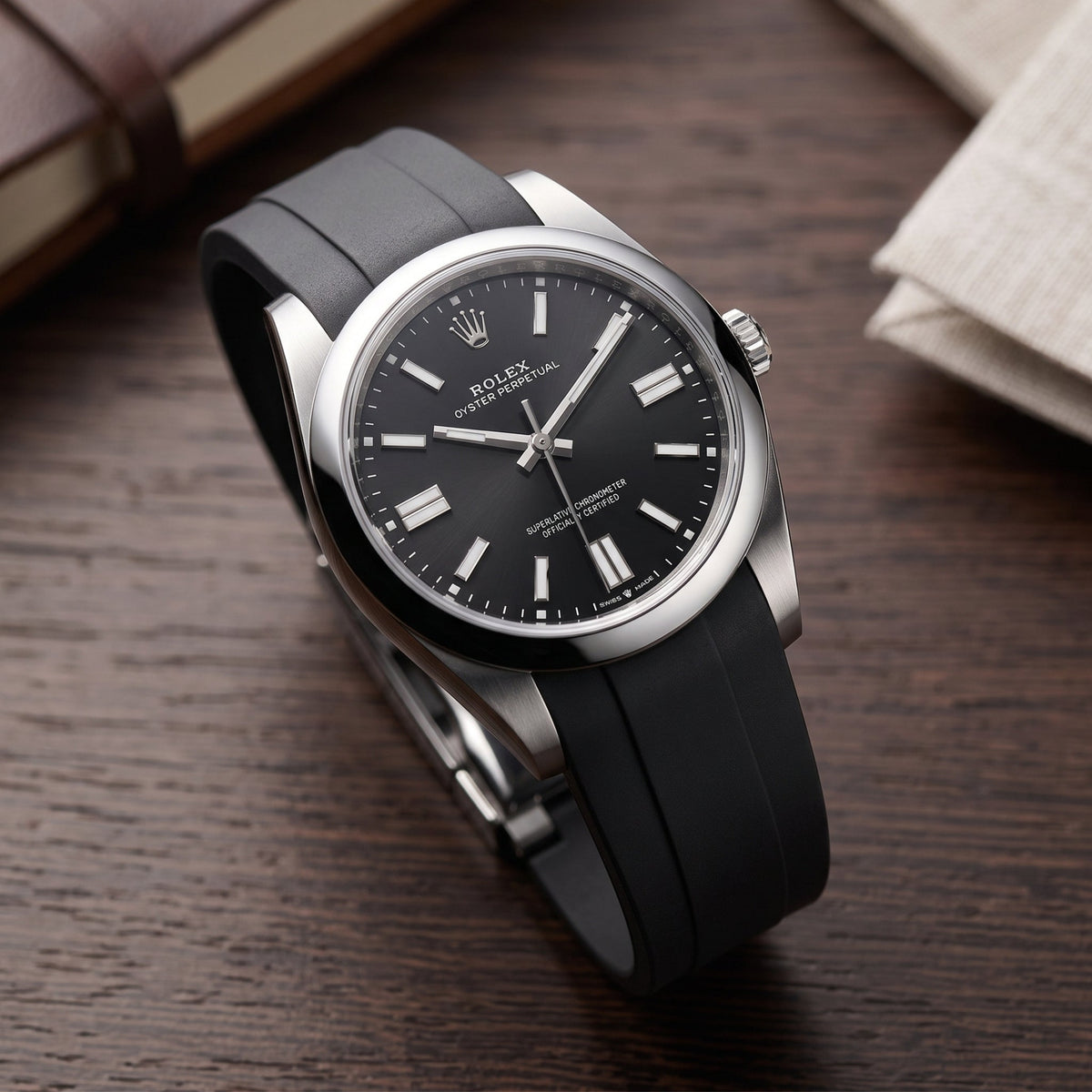 Faltschliesse Kautschukarmband für Rolex Oyster Perpetual 41mm – Schwarz - Helvetus