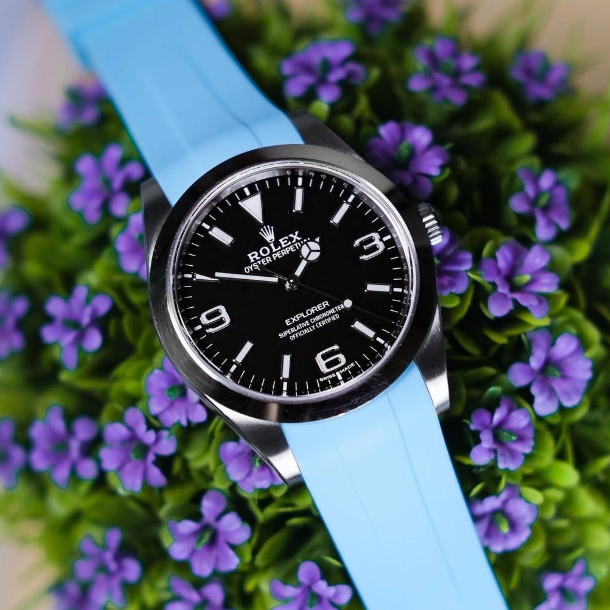 Faltschließe Kautschukarmband für Rolex Explorer I – Baby Blau - Helvetus DE