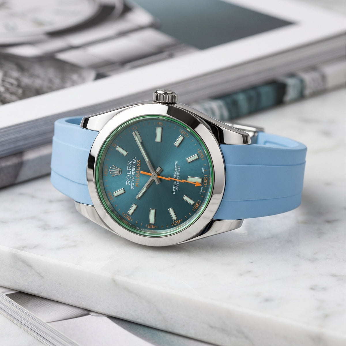 Faltschliessen Kautschukarmband für Rolex Milgauss in Baby Blau - Helvetus