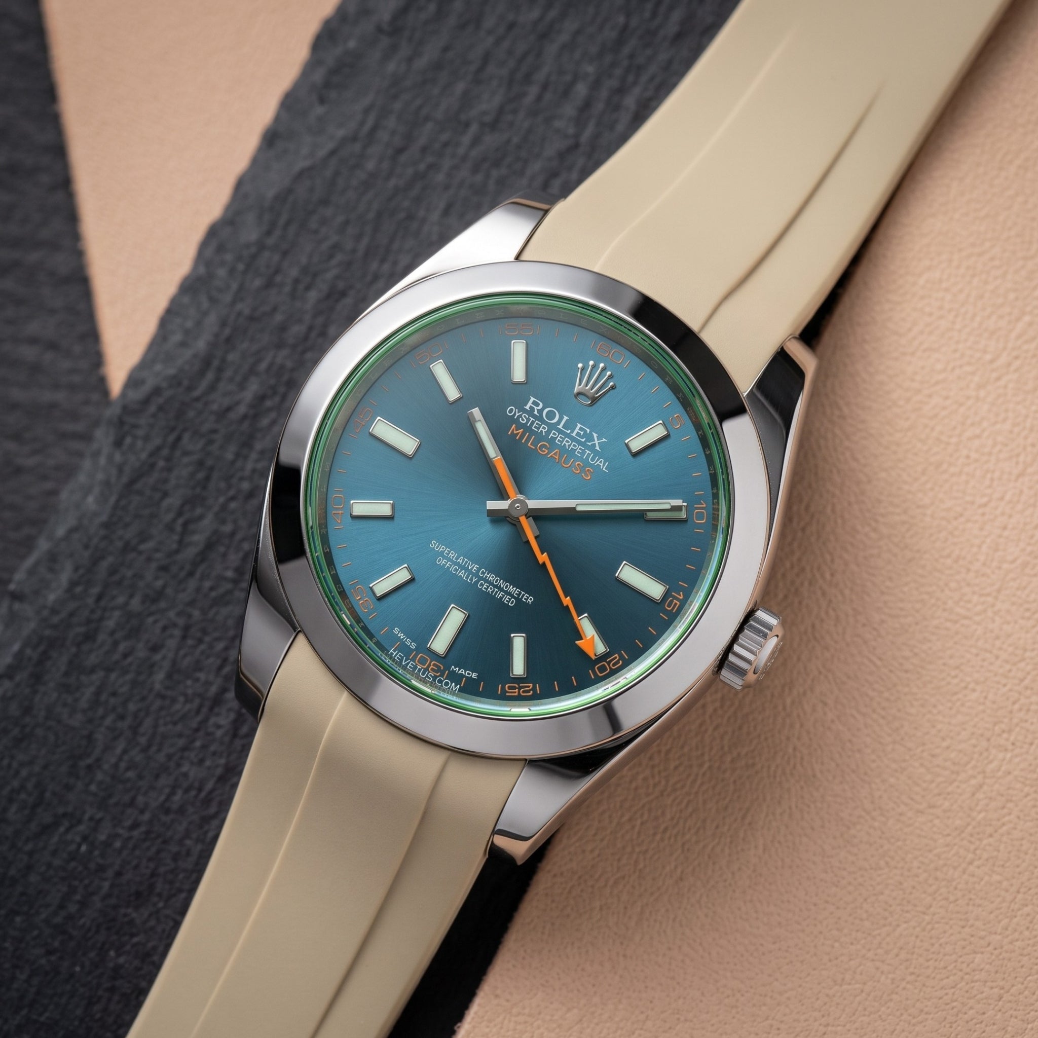Faltschliessen Kautschukarmband für Rolex Milgauss in Beige - Helvetus