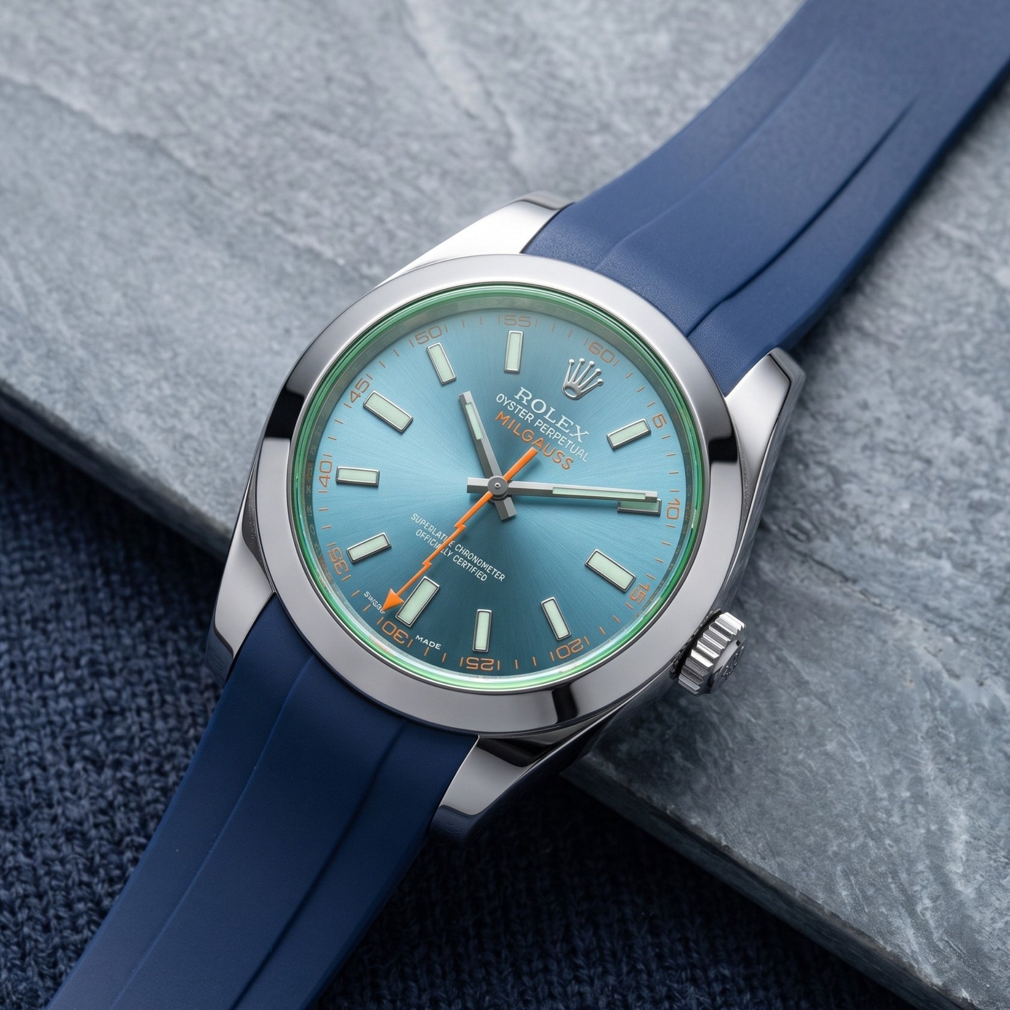 Faltschliessen Kautschukarmband für Rolex Milgauss in Dunkel Blau - Helvetus