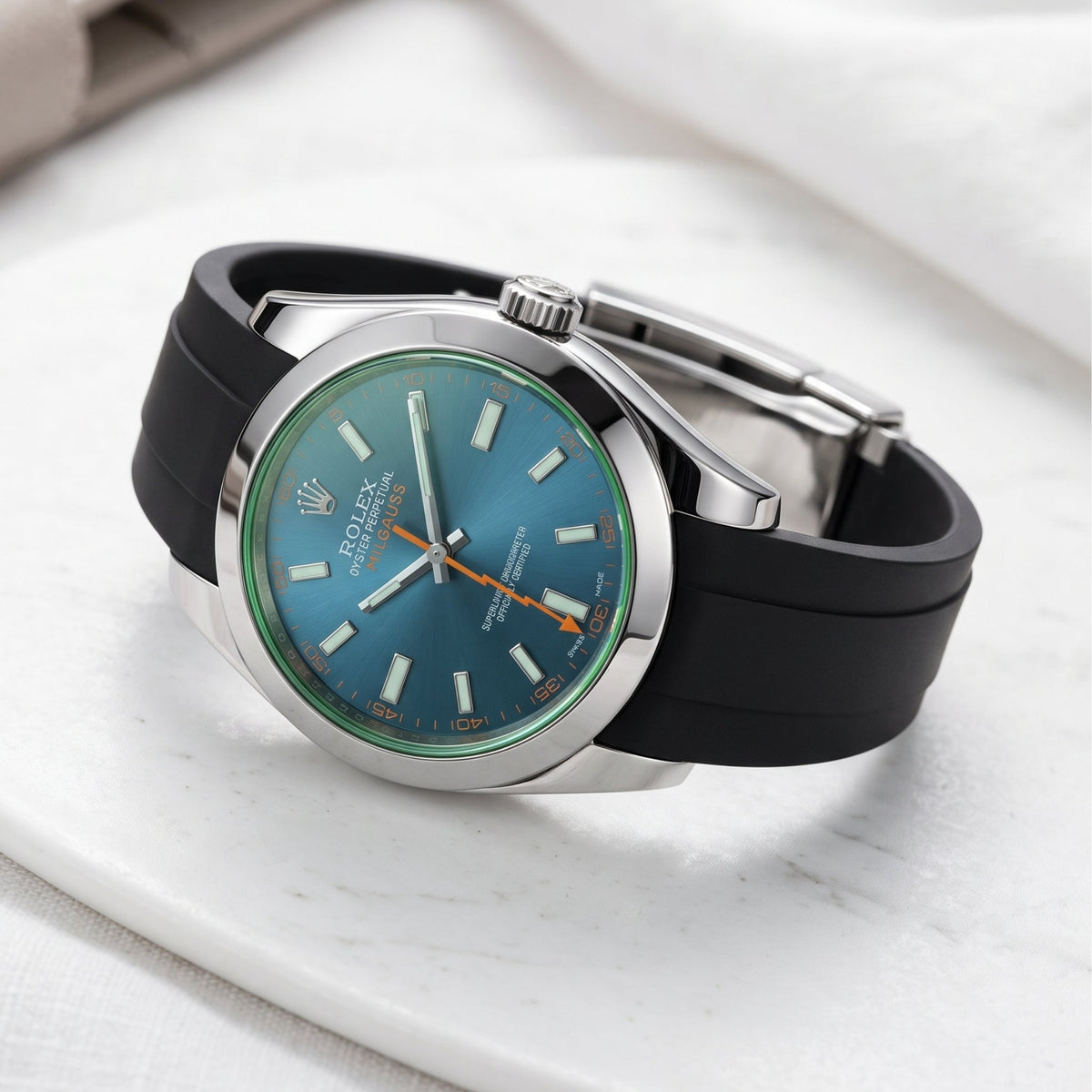 Faltschliessen Kautschukarmband für Rolex Milgauss in Schwarz - Helvetus