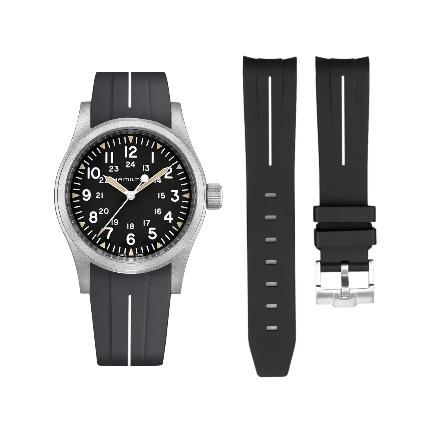 Kautschukarmband für Hamilton Khaki Field - Schwarz/Weiss LuxLine® - Helvetus DE