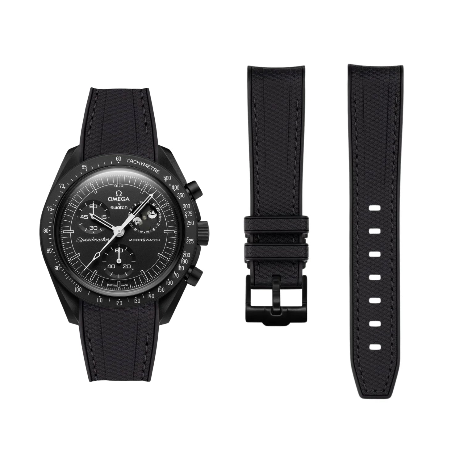 Kautschukarmband – Für Mission to the Moonphase – New Moon | Omega X Swatch | MoonSwatch – Schwarz mit Schwarz - Helvetus DE