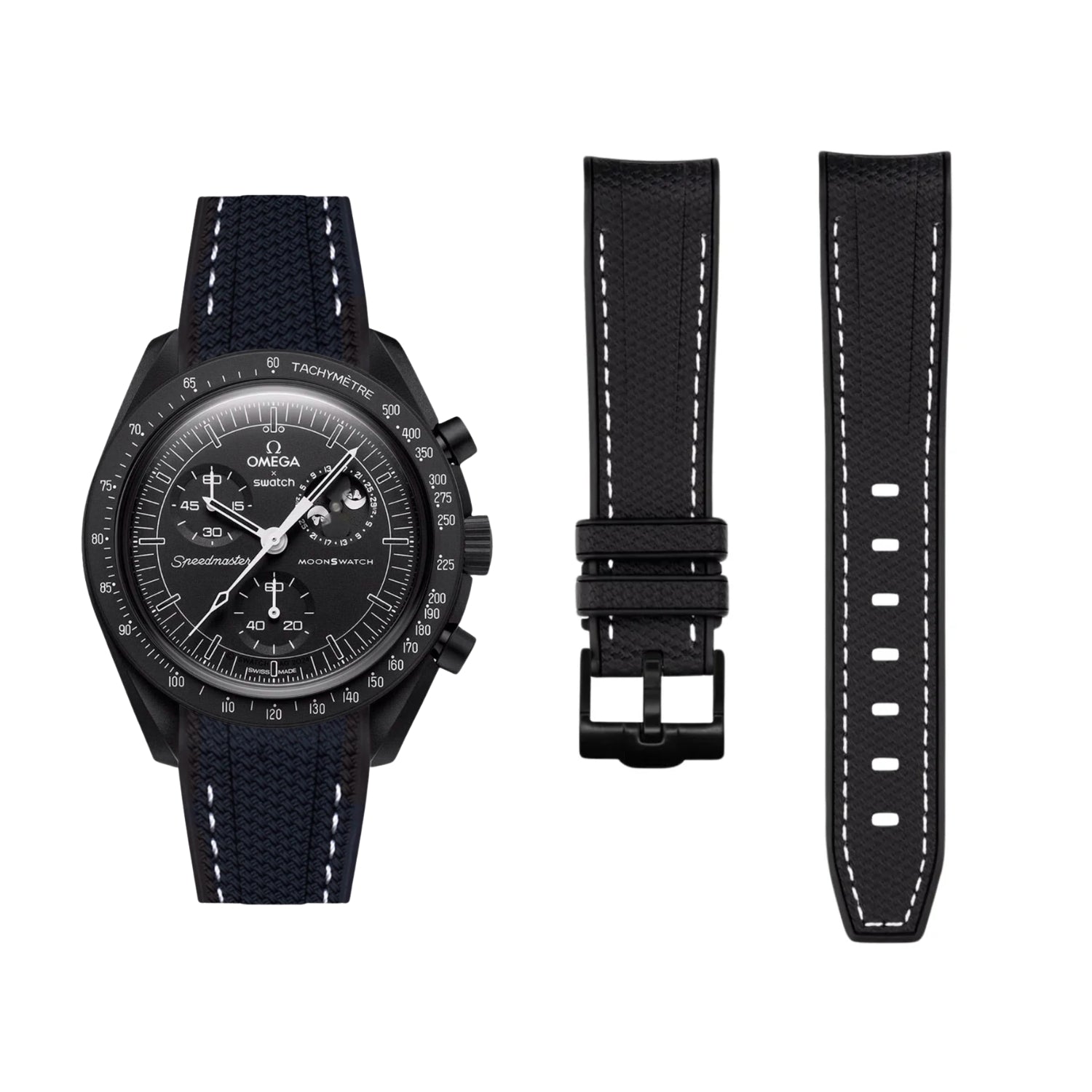 Kautschukarmband – Für Mission to the Moonphase – New Moon | Omega X Swatch | MoonSwatch – Schwarz mit Weiß - Helvetus DE